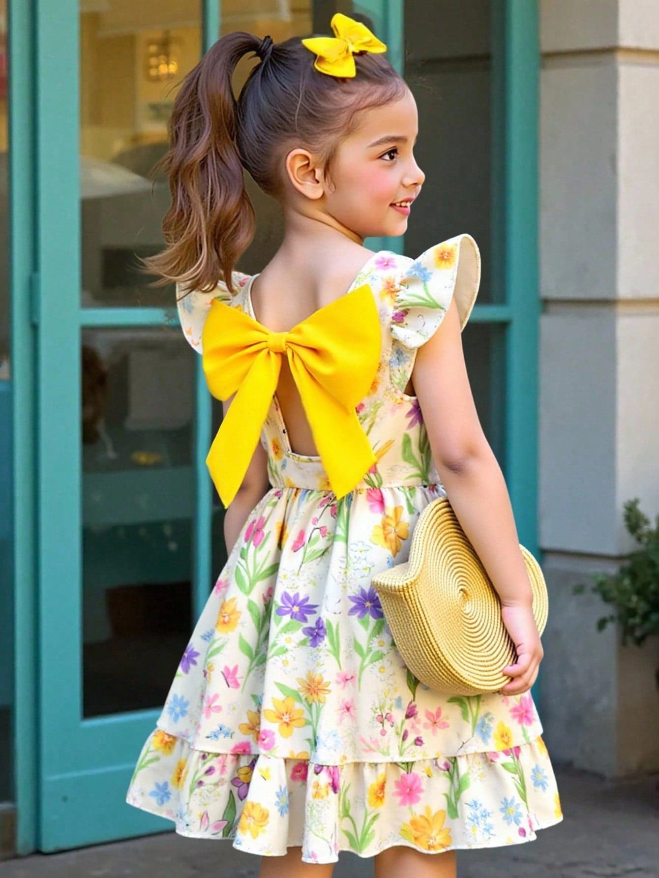 SHEIN Elladie kids Girls Elegant Floral Print Dress,Blue Butterfly Summer Fairy Matching Family Vacation Holiday,Flutter Sleeve Hollow Back Bow Decor Ruffle Hem Dress