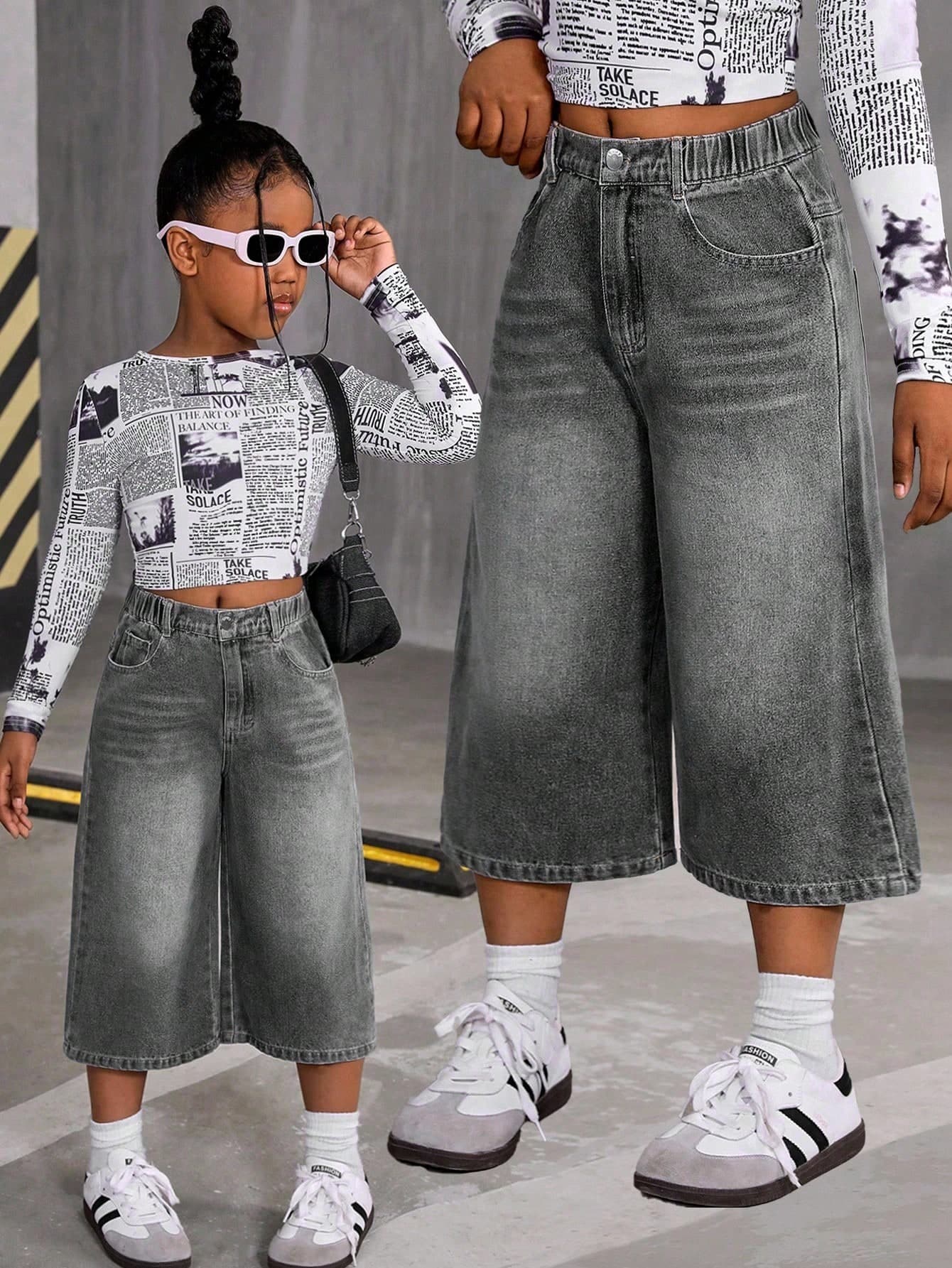 SHEIN Girls' Y2K Style Black & Grey Distressed Denim Mid-Length Wide Leg Jeans, Loose Fit, Comfortable Fabric, Vintage Streetwear Fashion, Versatile