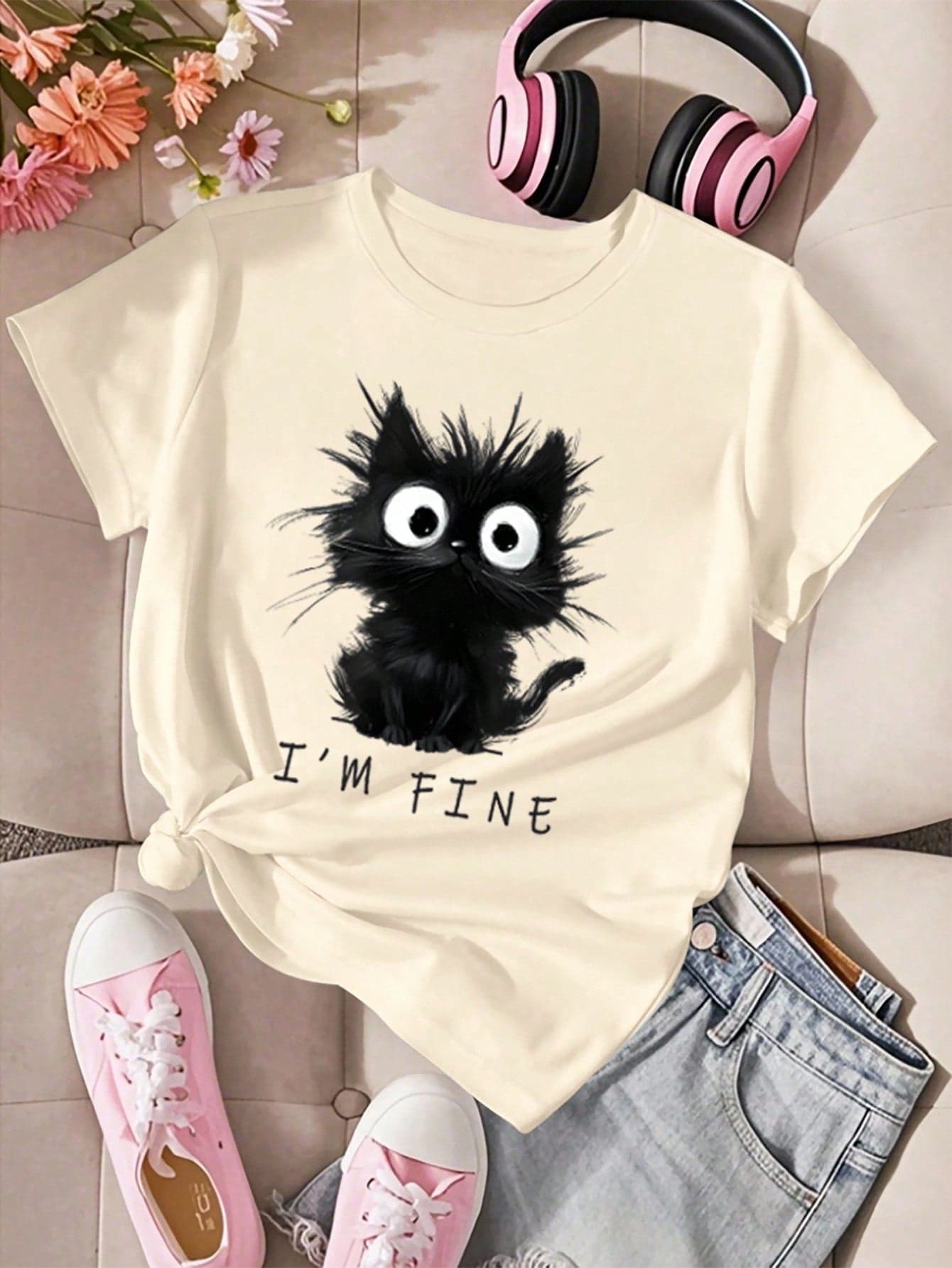 Tween Girls Casual Comfortable Minimalist Cat Graphic Short Sleeve Round Neck T-Shirt, Suitable For Summer, School, Campus, College