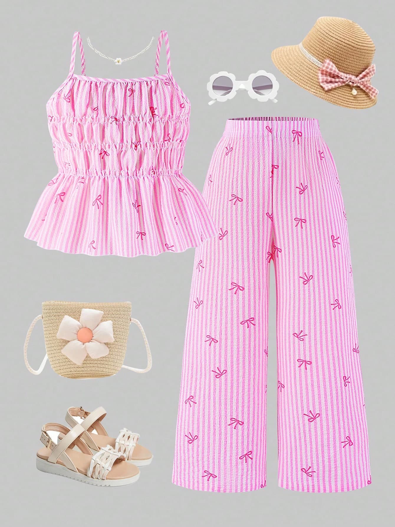 SHEIN Young Girl' Cute Striped Bowknot Allover Print Camisole Top And Wide Leg Pants 2-Piece Set,Summer,Matching,Family Vacation,Holiday Girls Outfit Sets