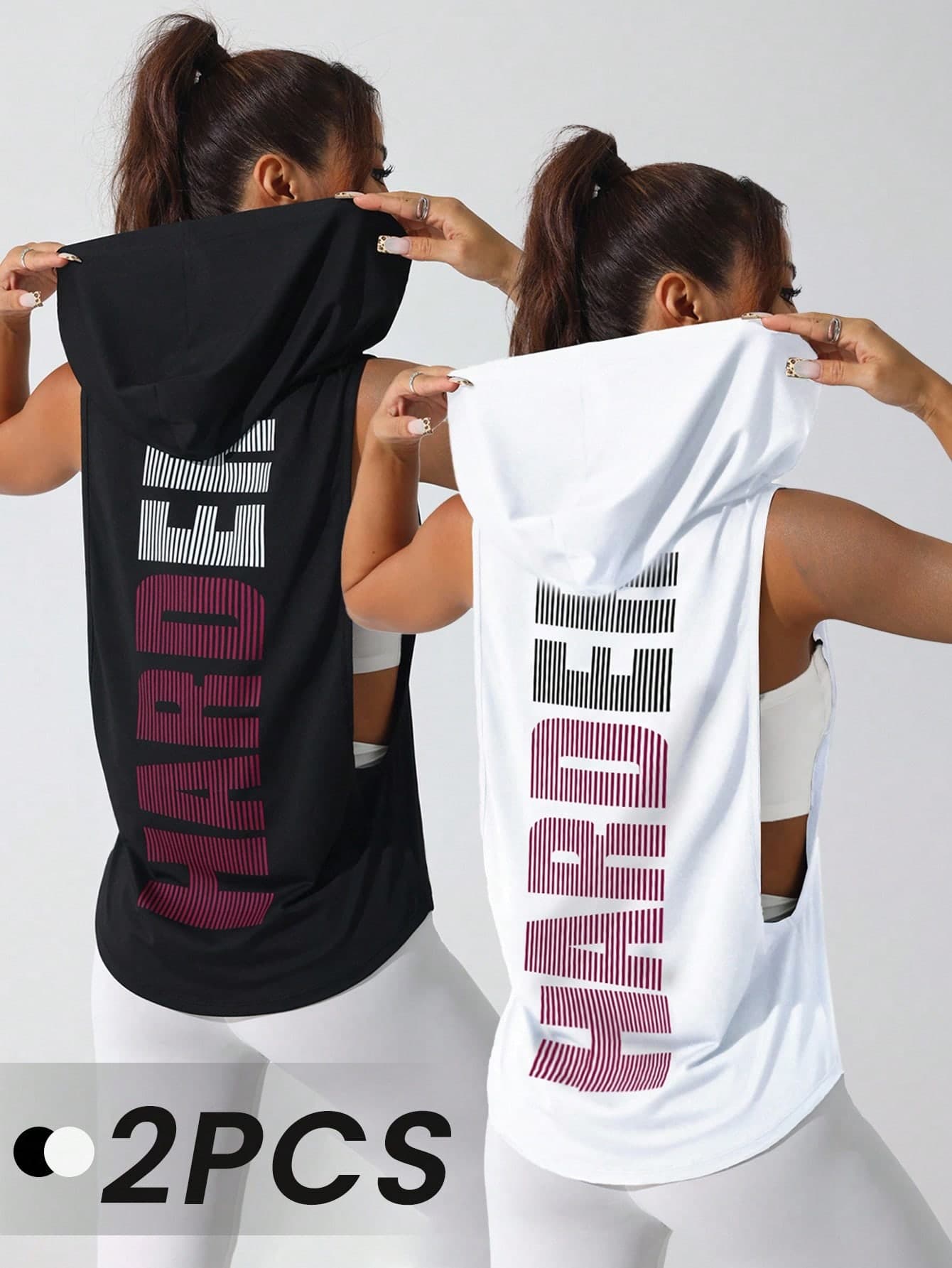 Velisys Velisys 2pcs Lightweight Fabric Hooded Sports Tee For Women With Eye-Catching Letter Print Detailing Gym Tank Tops Women