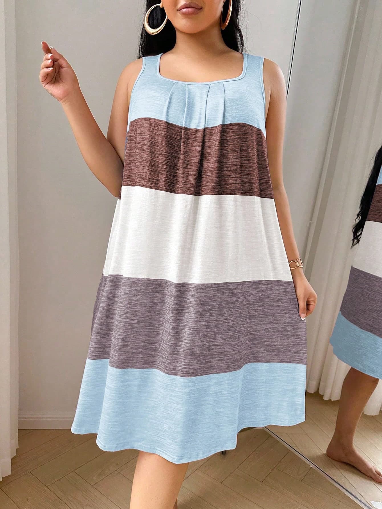 SHEIN Plus Size Colorful Stripe Print Casual Tank Nightgown, Moo Moo