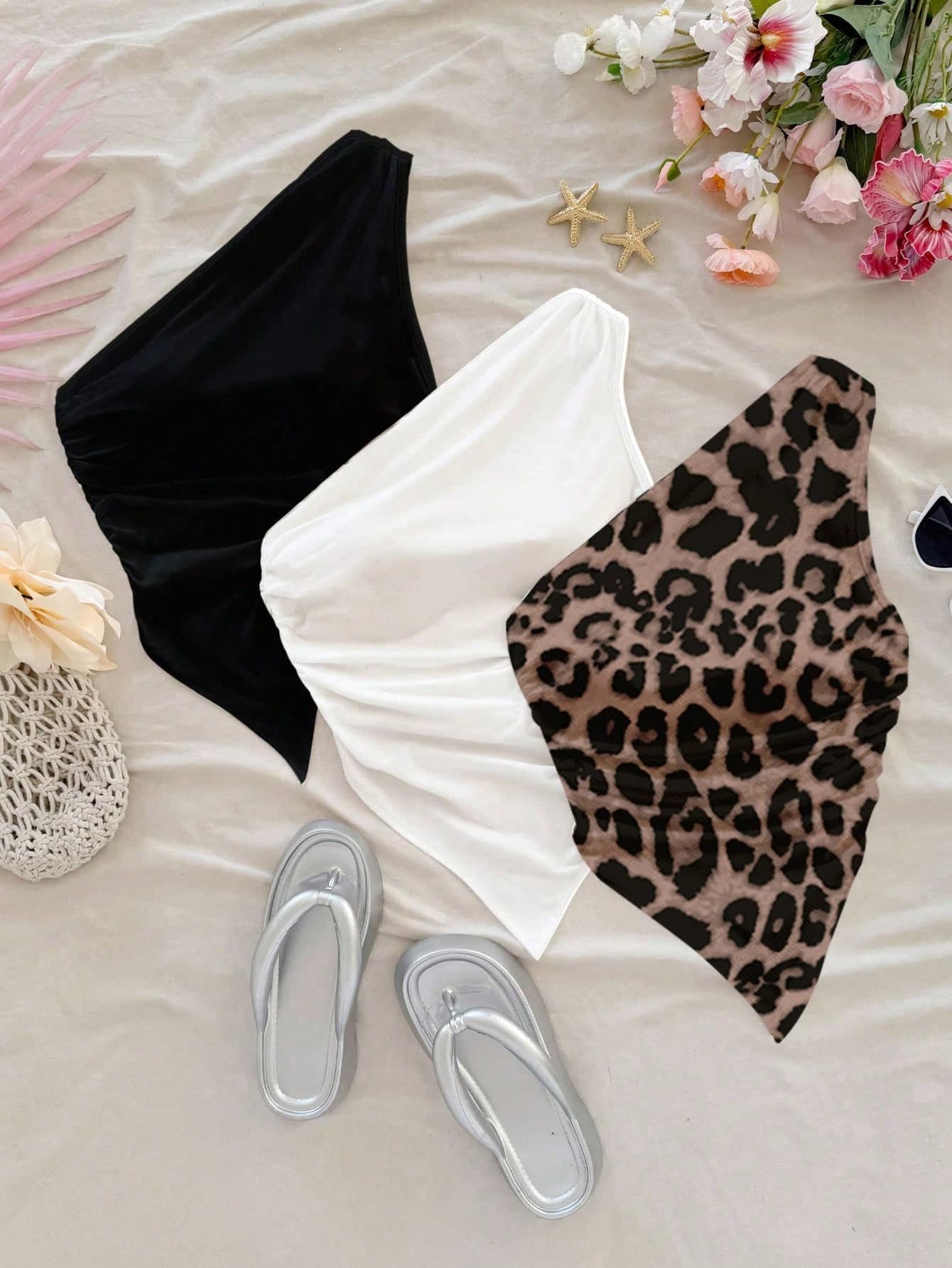 SHEIN Teen Girl Spring/Summer Fitted Vacation Casual Fashion Minimalist Comfortable Asymmetric Hem Ruched Leopard Print & Black/White Solid Color Basic Knit Tank Top 3-Piece Set Buy One Get Three KIDS
