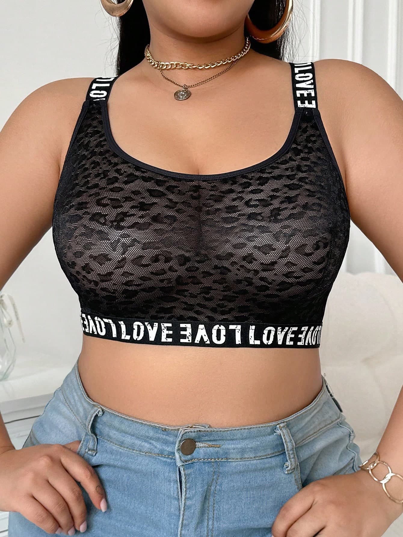 SHEIN Chic Plus Size Black Sheer Bralette With An Alluring Lace Leopard Pattern And Bold 'LOVE' Elastic Band, Ideal For Casual-Sporty Comfort.