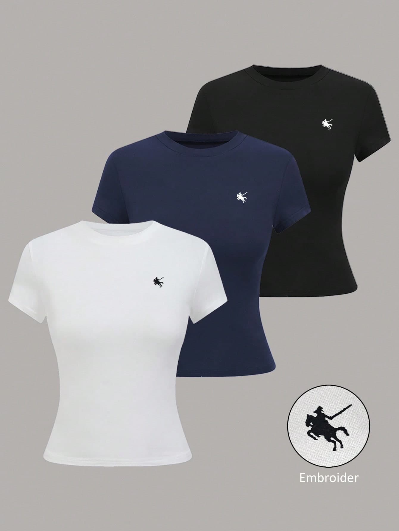 Lalippa 3pcs Embroidered Slim Fit Women T-Shirts, Multicolor