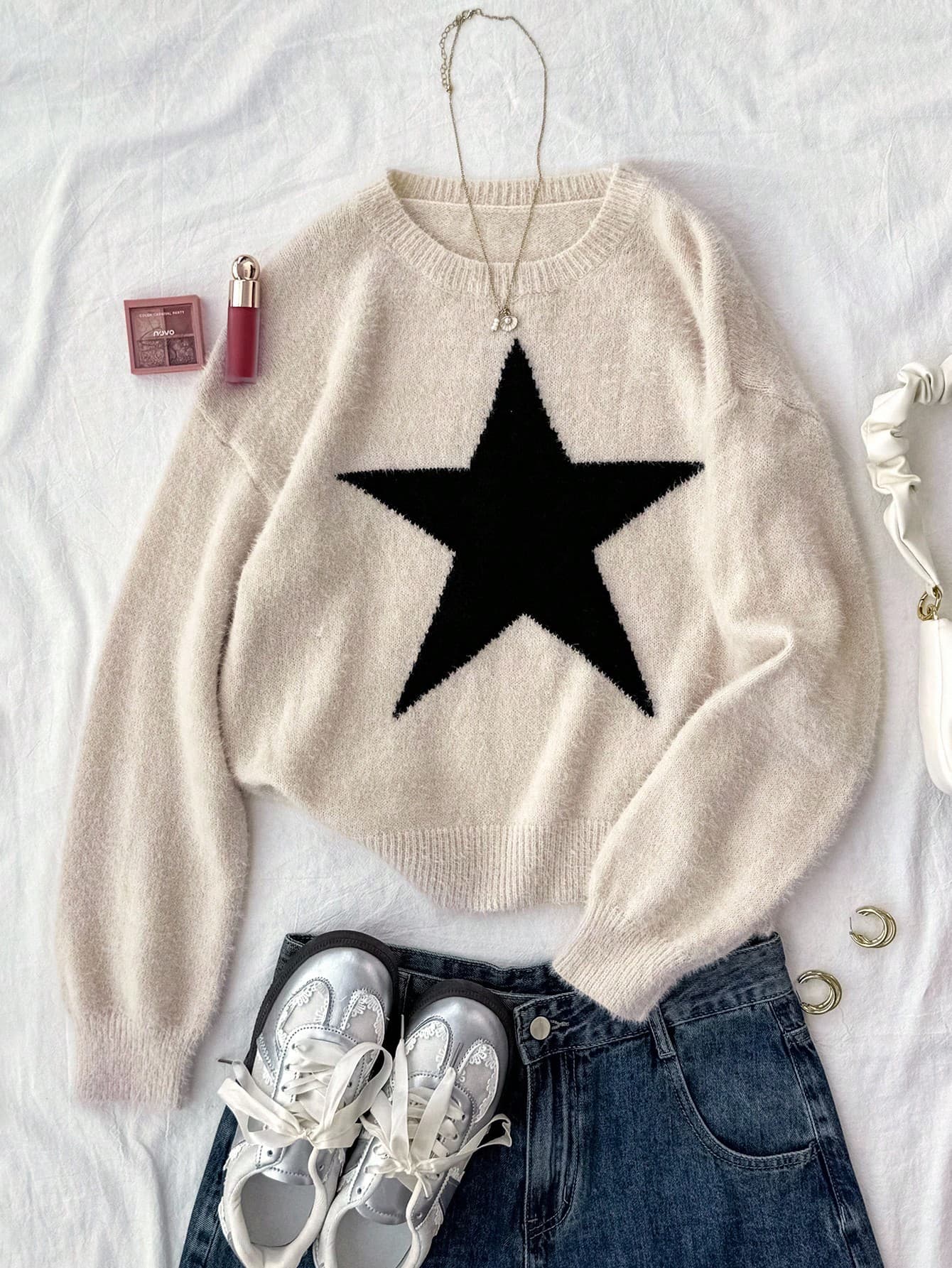 SHEIN Teen Girl Star Pattern Round Neck Drop Shoulder Sweater, Casual Everyday Wear, Autumn/Winter Fall
