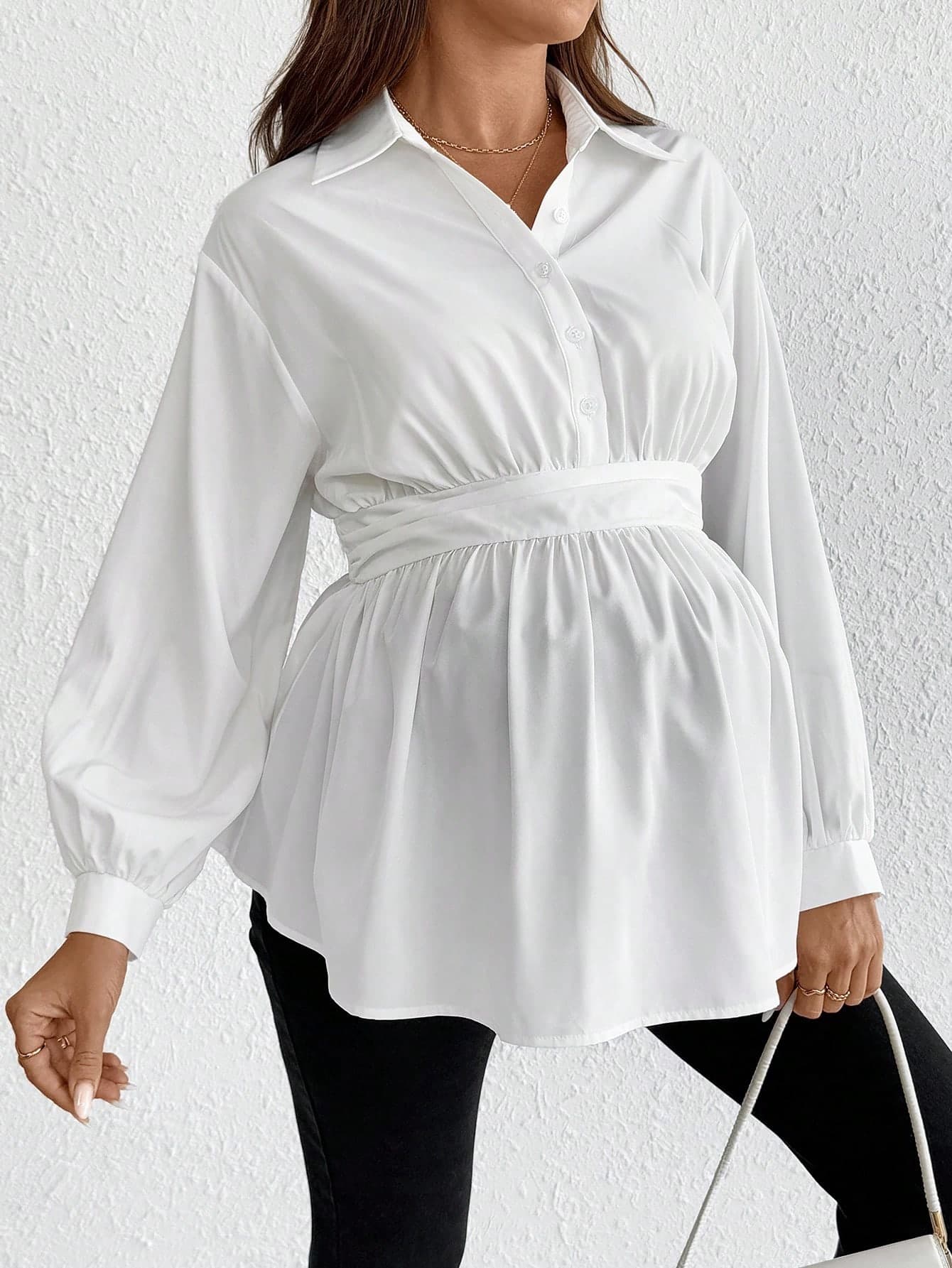 SHEIN Maternity Pregnant Women Loose Fit Solid Color Ruched Shoulder Long Sleeve Casual Blouse Fall Women Work Tops Work/Office Going Out Fall
