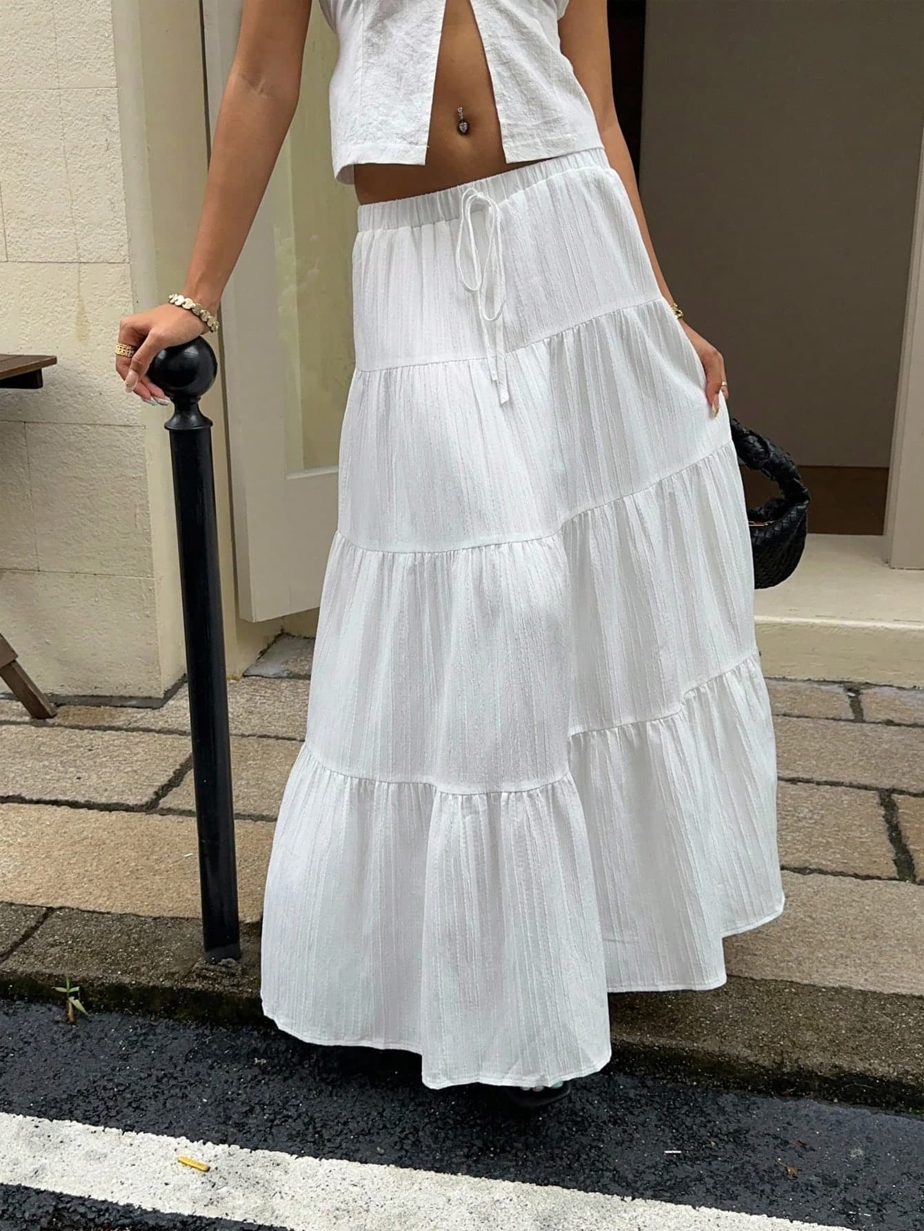 SHEIN EZwear Women's Casual Vacation Multi-Layer Cake Skirt, Suitable For Summer White Boho Maxi Skirt Suitable For Going Out Chic Dress