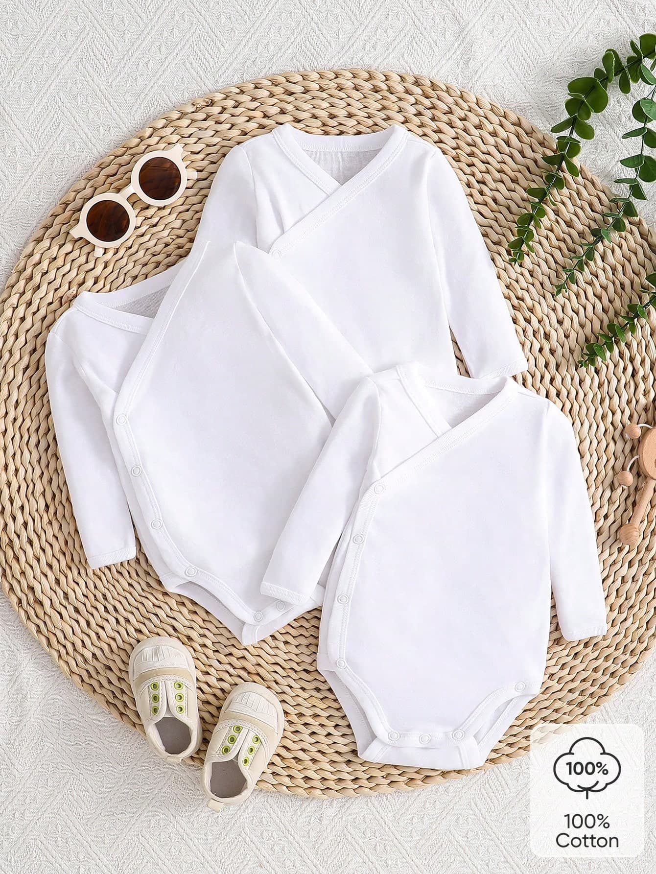 SHEIN Newborn Baby Boy/Girl 3pcs/Set White Solid Color Cross Front Snap Closure Long Sleeve Bodysuit, Comfortable & Stylish