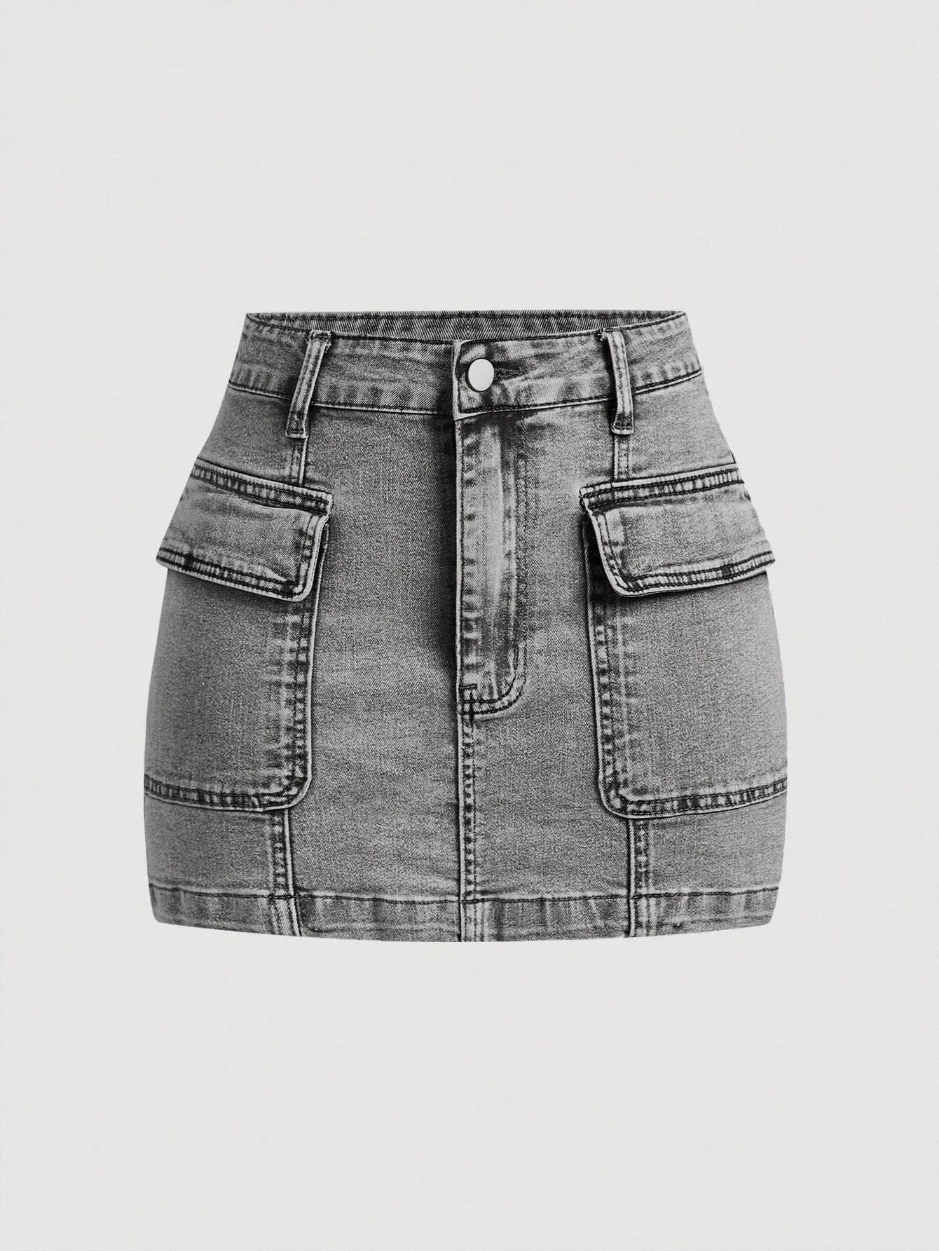 SHEIN MOD Women's Summer Casual Street Fashion Flip Pocket Denim Cargo Mini Skirt Grey Jean Skirt Mini Cargo Skirt Jeans Skirt Mini