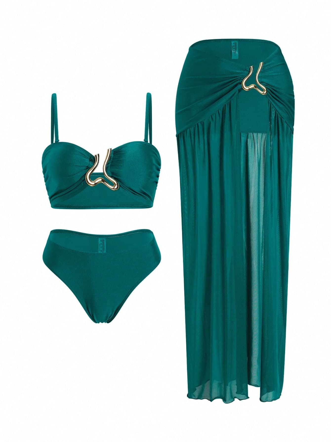 Swim Oasis 3pcs Women Teal Blue Split Bikini Set,Metal Decor Adjustable Strap Bandeau Top & High Waist Skirt,Elegant Summer Beach Party Holiday Vacation Style
