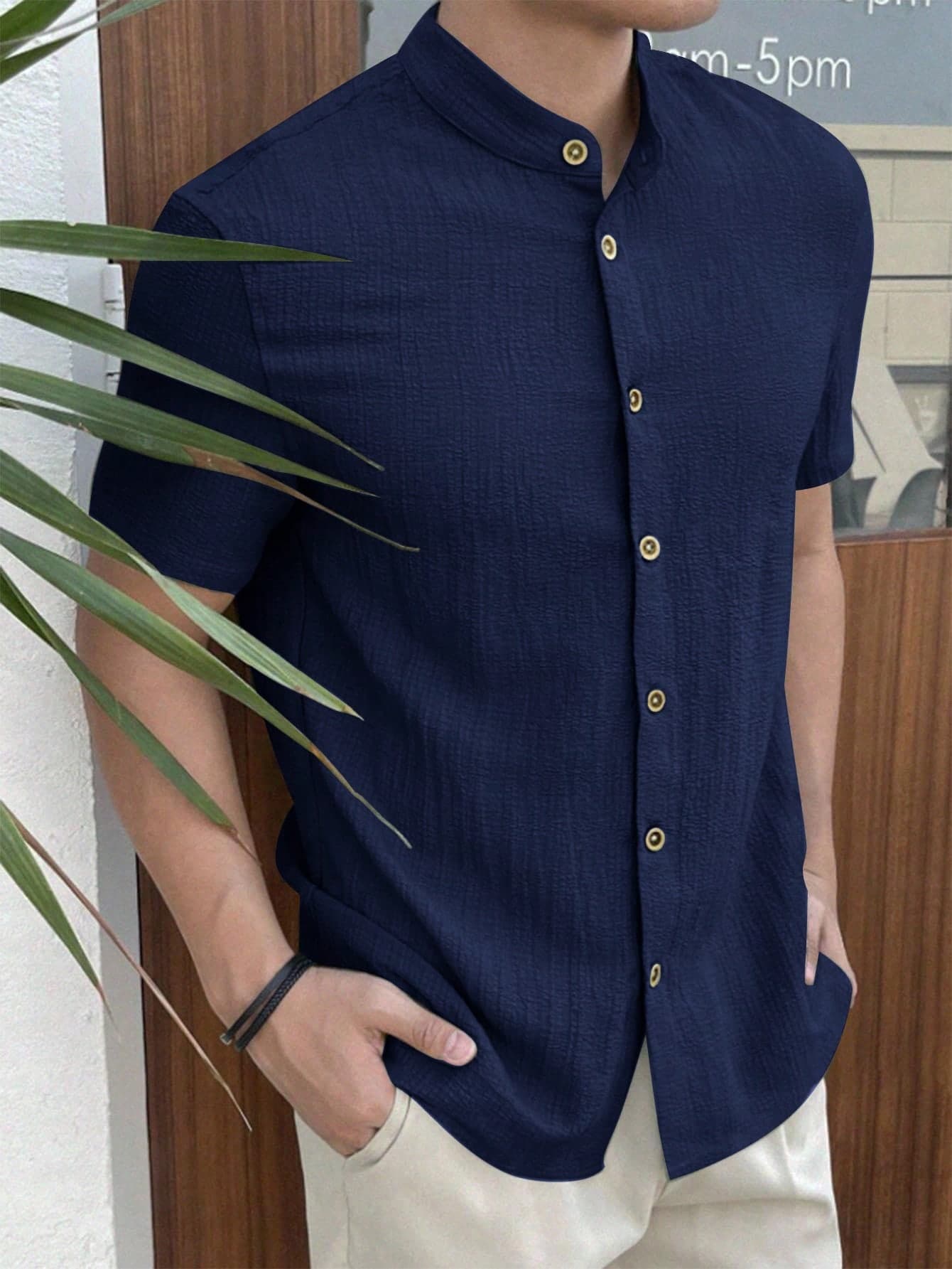 SHEIN Teen Boys' Plain Single-Breasted Short Sleeve Textured Casual Shirt,Versatile Simple Stylish Navy Button-Down Shirt For Summer,Vacation&Daily Wear