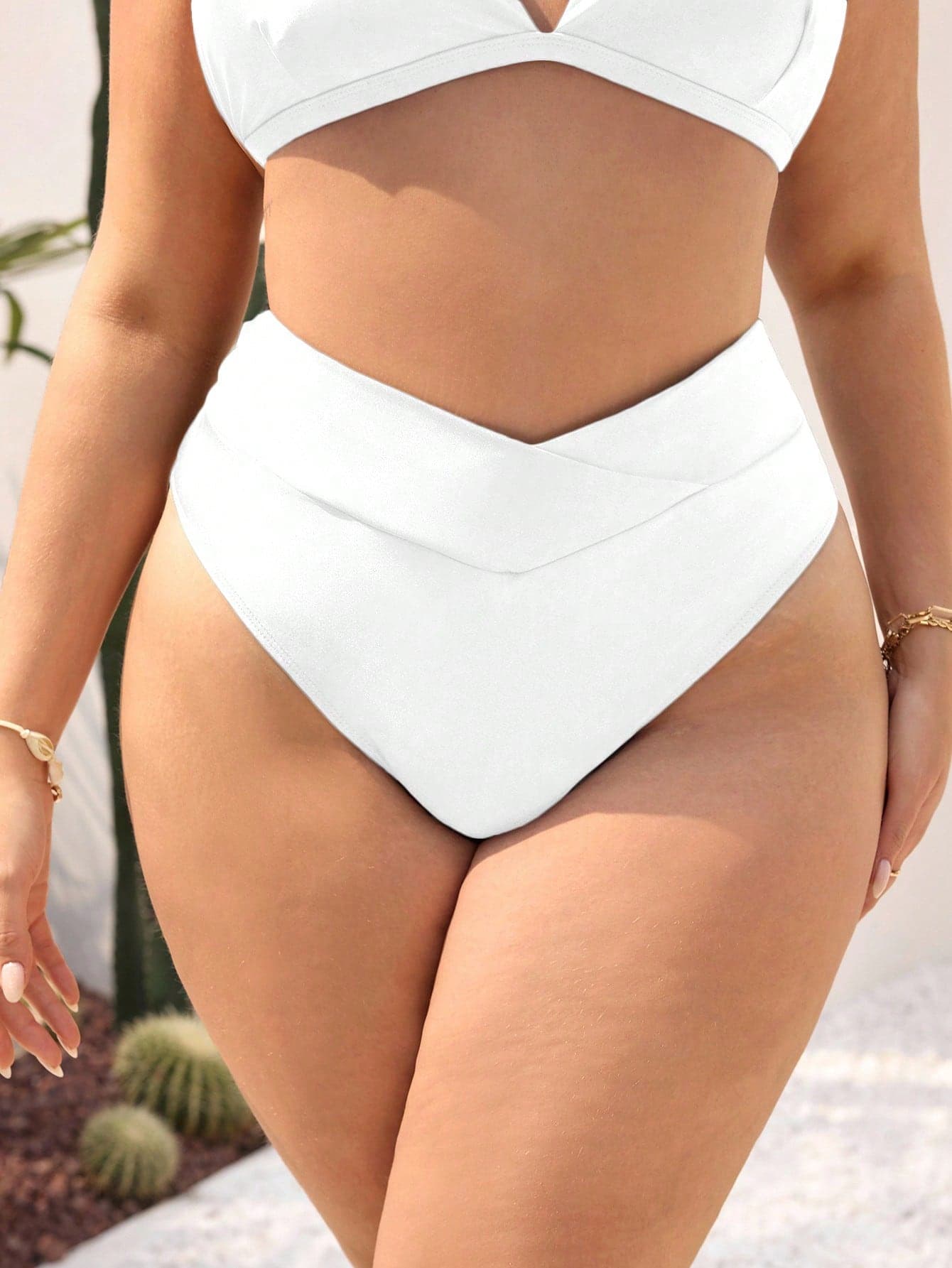 Swim SXY Plus Size Women Solid Color Overlap Waist Summer Beach Vacation Swimwear Bottom