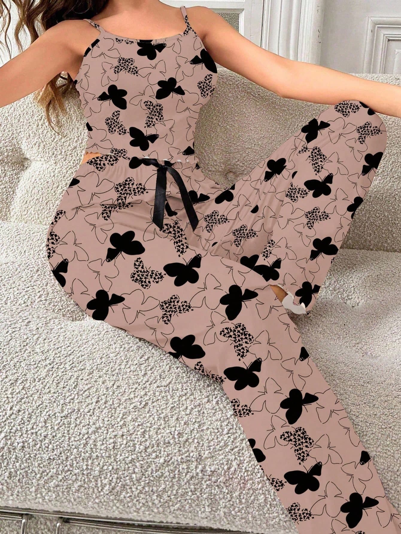 DUSKBASE 2pcs Women Butterfly Print Camisole And Pants Pajama Set Butterfly Pajamas Butterfly Pajama Set Cute Lounge Set Bow Pajama Set Bow Pjs