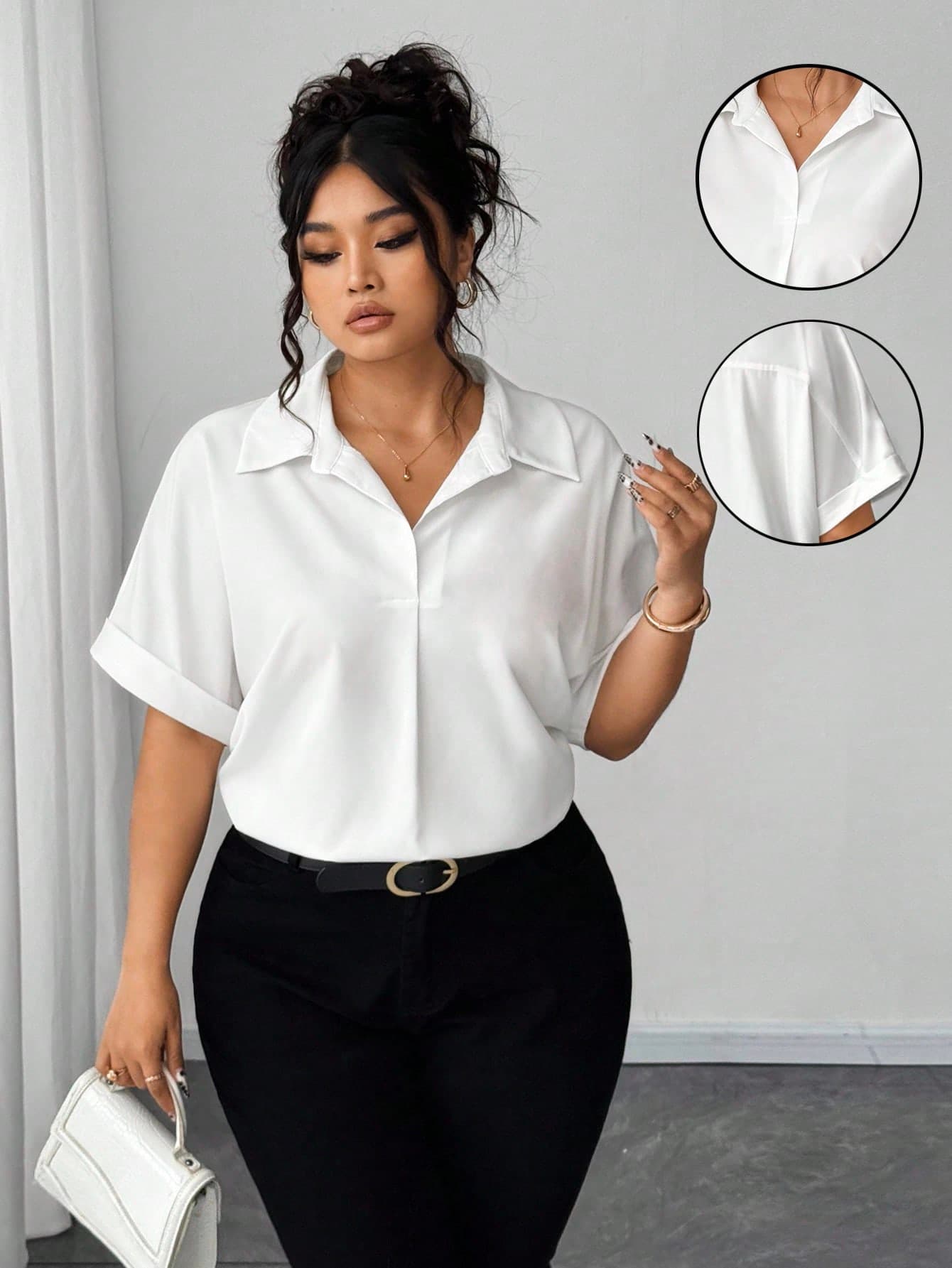 Elenzga Plus Size Straight Fit Short Sleeve Turndown Collar Pure White Batwing Blouse