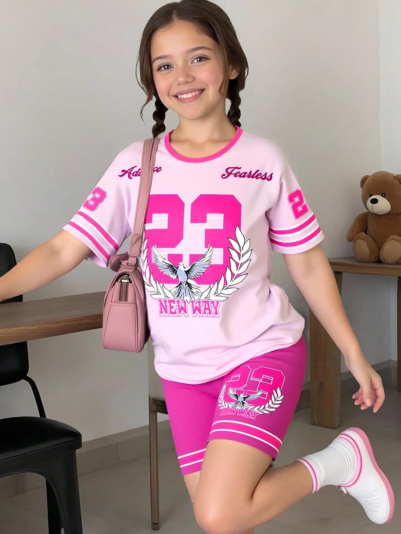 SHEIN 2pc Girls Tweens Bird Print Color Block Round Neck Loose Tee Shirt And Knit Skinny Shorts Sporty Set, Summer Street Stylish Outfit
