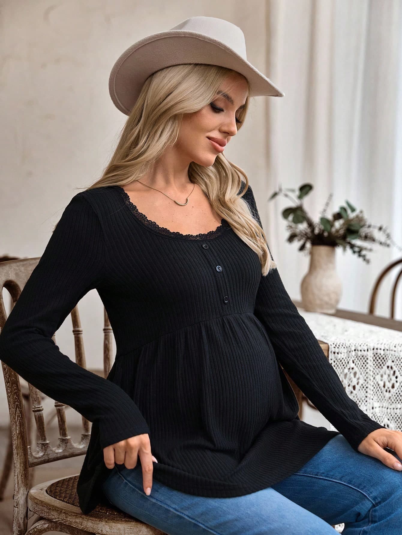 SHEIN Casual Long Sleeve Knit Lace U-Neck Fitted Maternity Top Fall