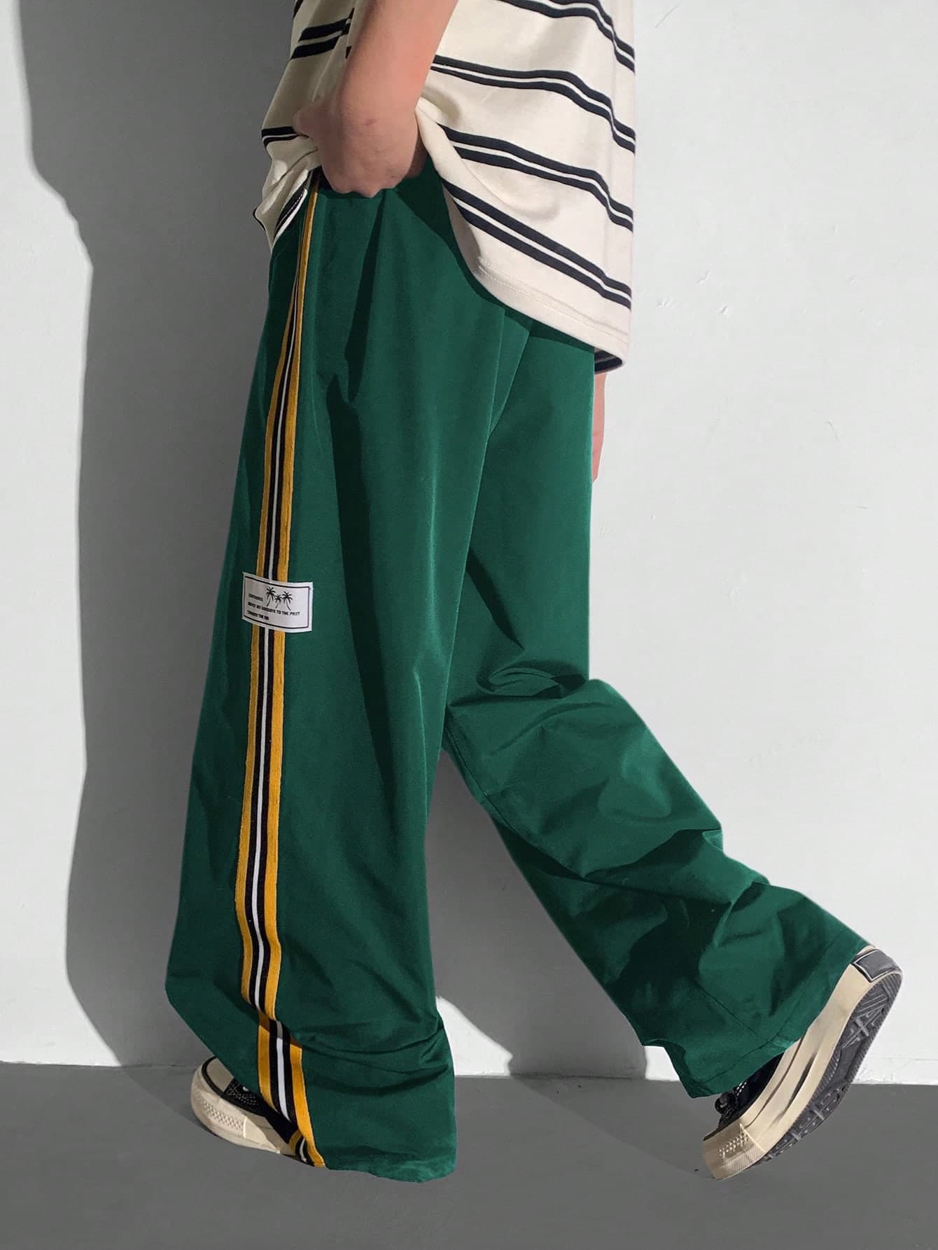 SHEIN Teen Boys' Patchwork Elastic Waist Loose Straight Pants Green Windbreaker Sweatpants Joggers For Summer,Streetwear,Beach,Back-To-School Casual Daily