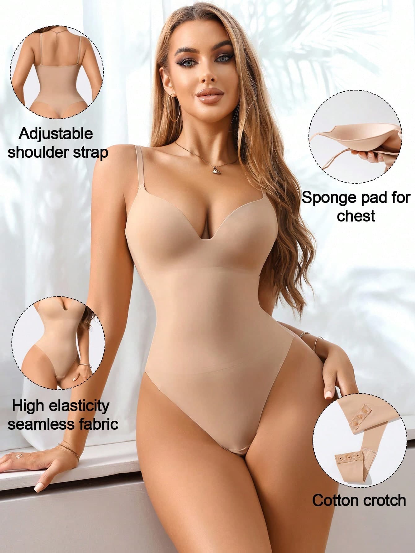 SHEIN Women's Apricot Body Slimming Thong Bodysuit With Adjustable Straps And High Stretch Fabric Casual Comfy Shapewear Lingerie