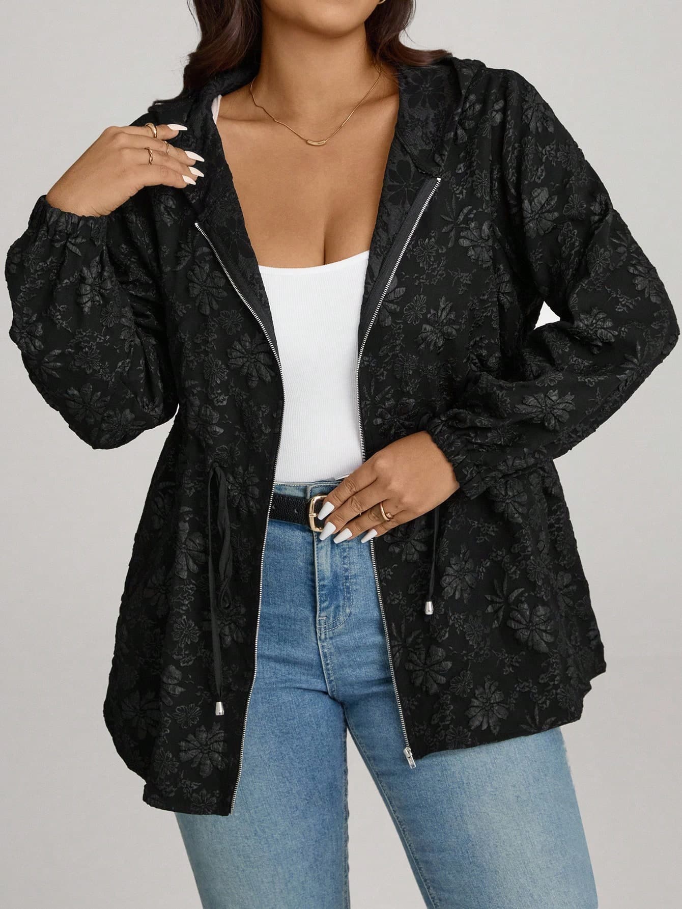 SHEIN LUNE Plus Size Front Zip Up Long Sleeve Hooded Jacquard Windbreaker Coat, Casual Daily Wear Winter Fall Autumn