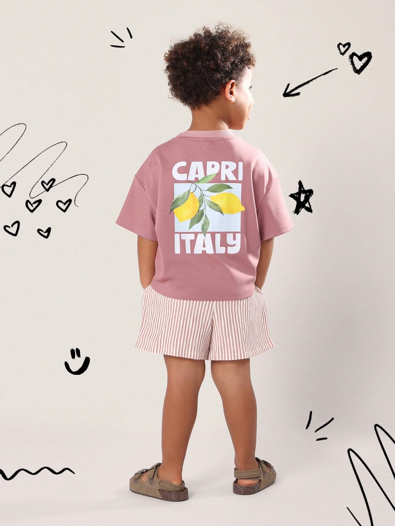 SUMWON Beach Vibes Vacation Club Kids Summer Capri Italy Print Tshirt Shorts Set Casual Cool Leisure Outfit Mediterranean Matching Coordinates Vacation