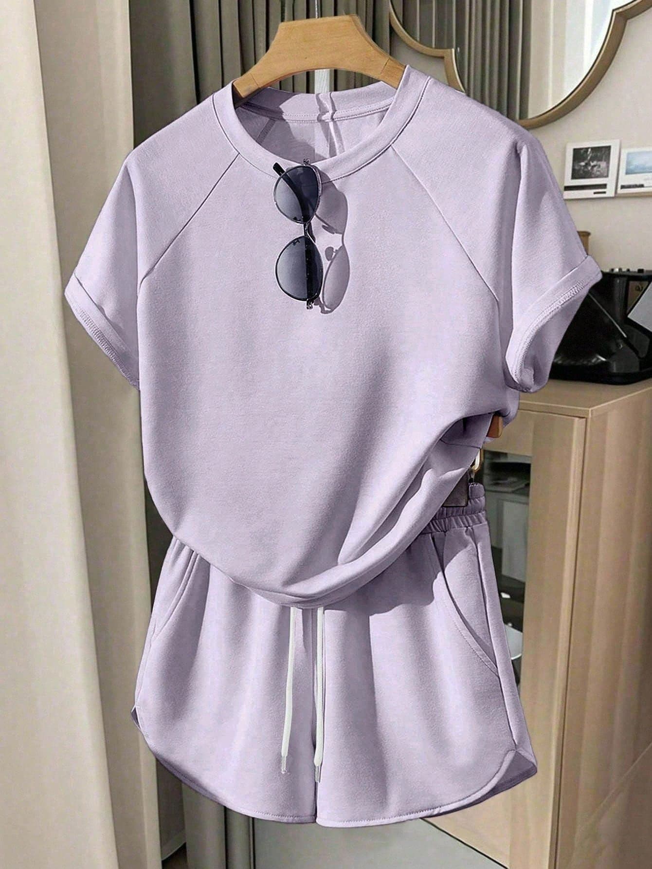 INAWLY Women's Casual Solid Color T-Shirt And Shorts Set, Summer