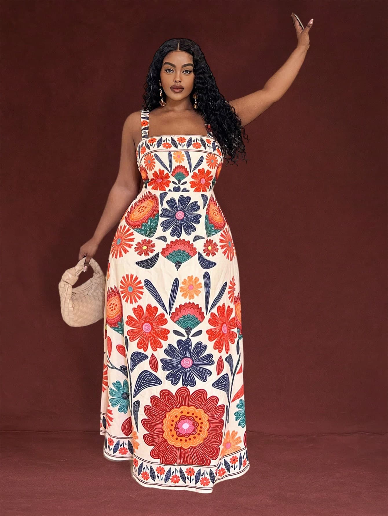 Veslaya Plus Size Women's Sleeveless Gathered Waist A-Line Floral Print Vacation Casual Dress, Spring/Summer