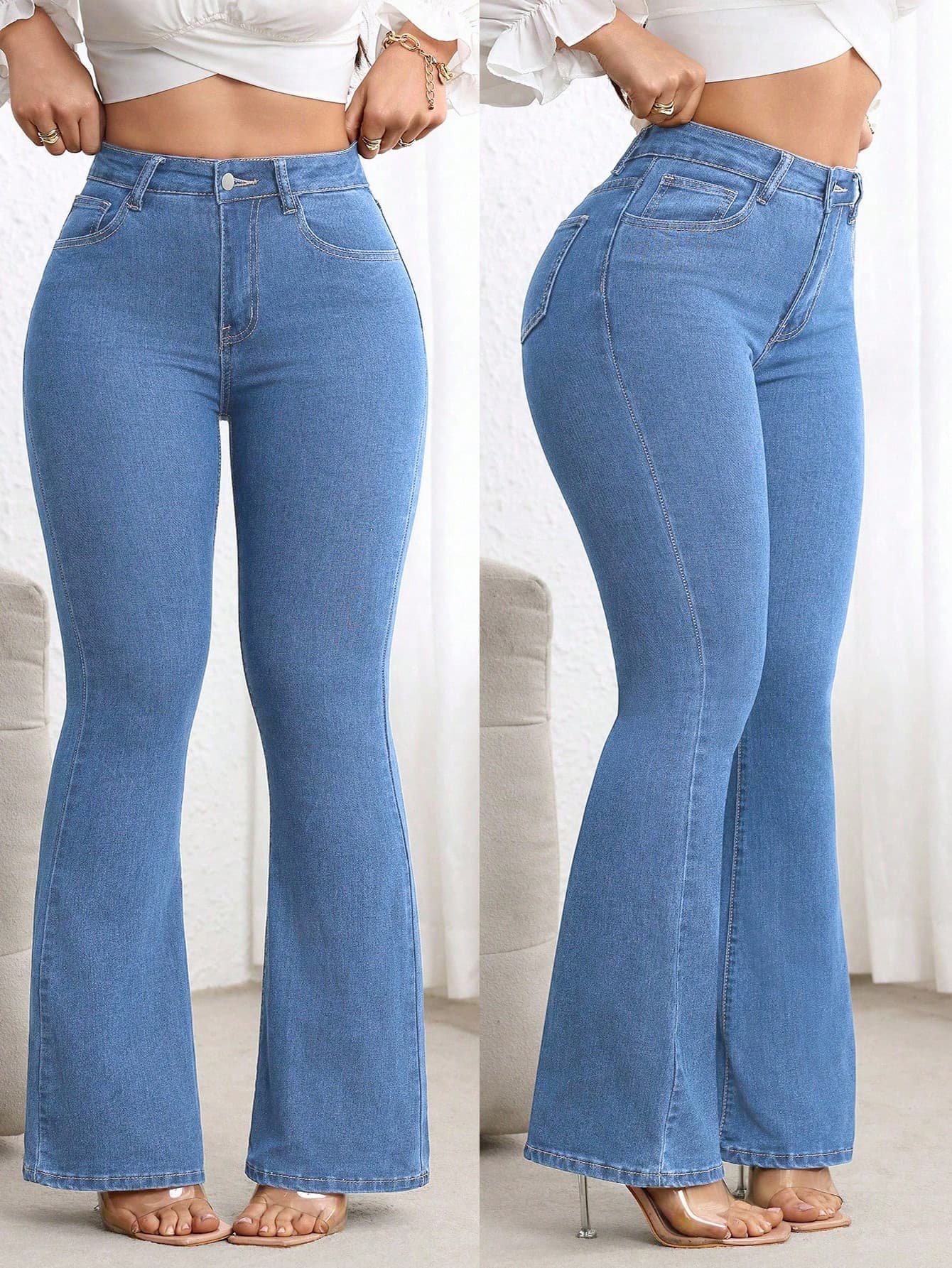 Flexra Plus Size Dark Blue Wash High Waist Slim Fit Flare Jeans