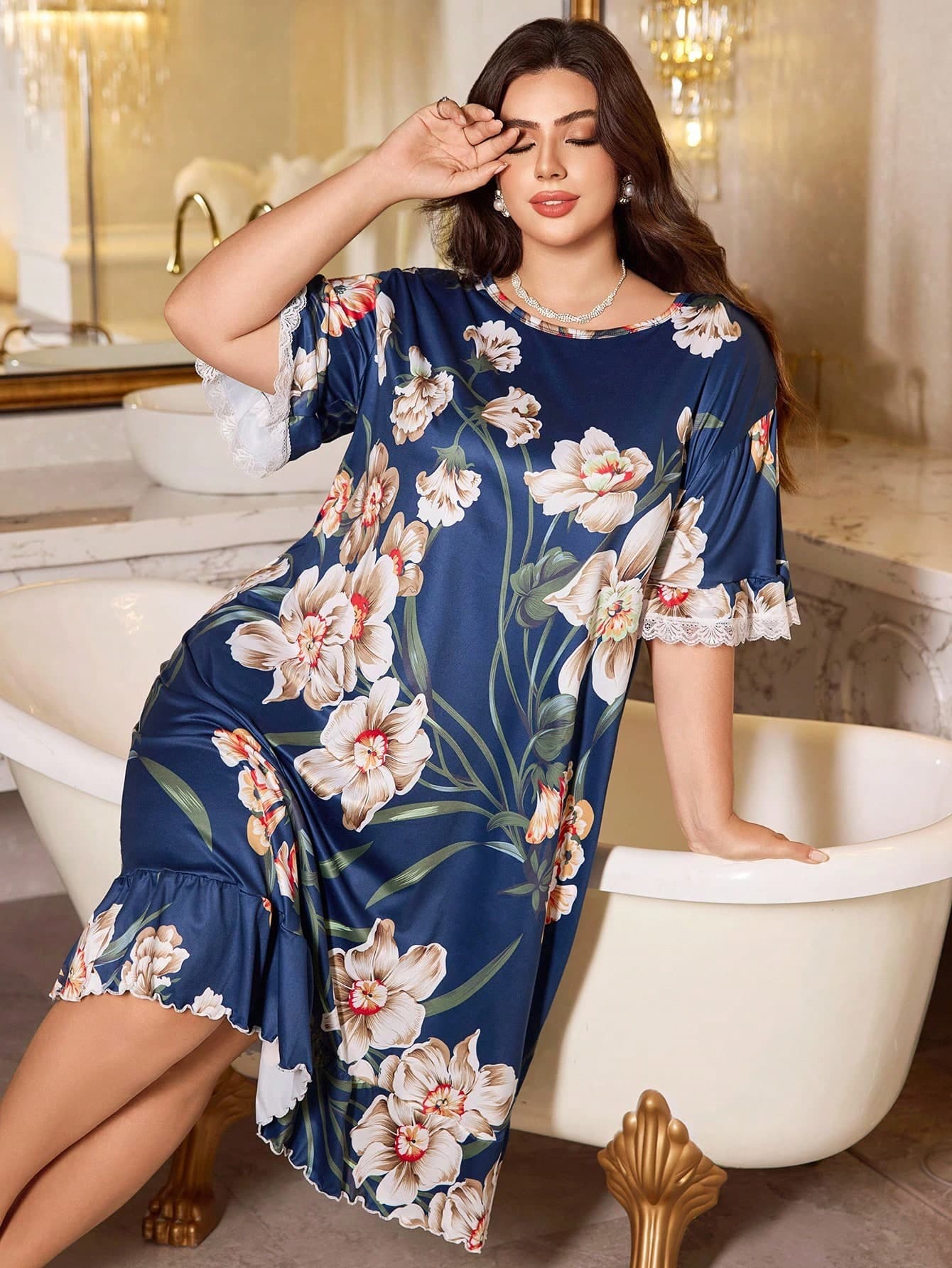LuxeNights Blue Floral Plus Size Nightgown With Flounce Sleeves And Ruffle Hem For Comfortable Sleep Plus Size Floral Sleep Dress