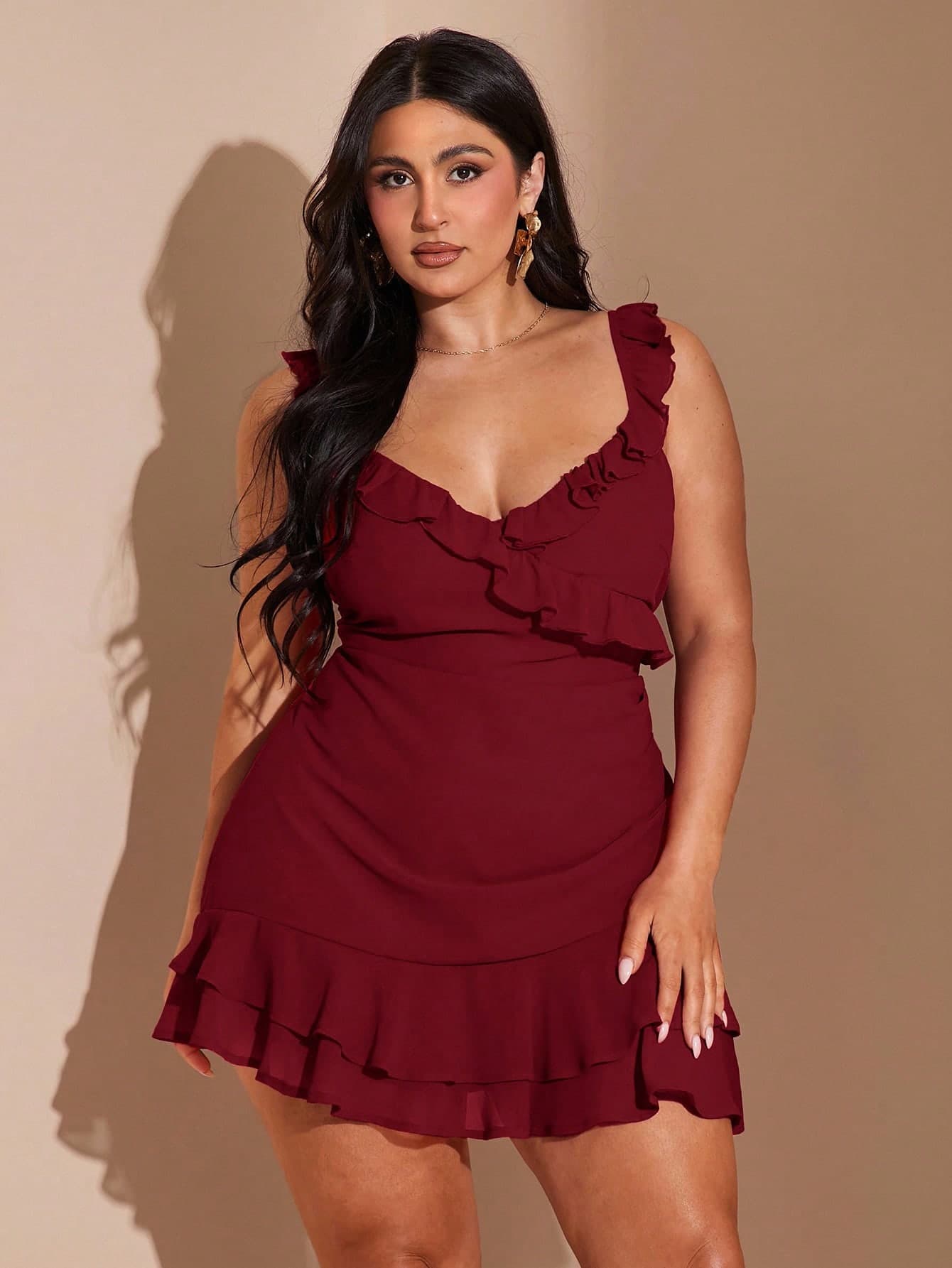 SHEIN BAE Plus Size Women's Elegant Burgundy Summer Wedding V-Neck Ruffle Hem Mini Dress, Sweet Date Night Party Valentine Outfits Fall Clothes