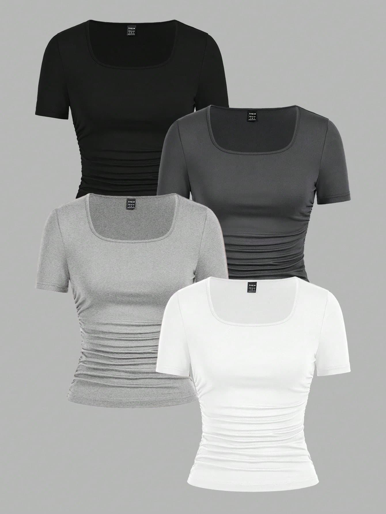 SHEIN EZwear 4pcs/Set Women's Casual Crew Neck Short Sleeve T-Shirts,Minimalist Solid Color Ribbed Tops,Slim Fit Everyday Summer Top,Spring & Summer Black Pack