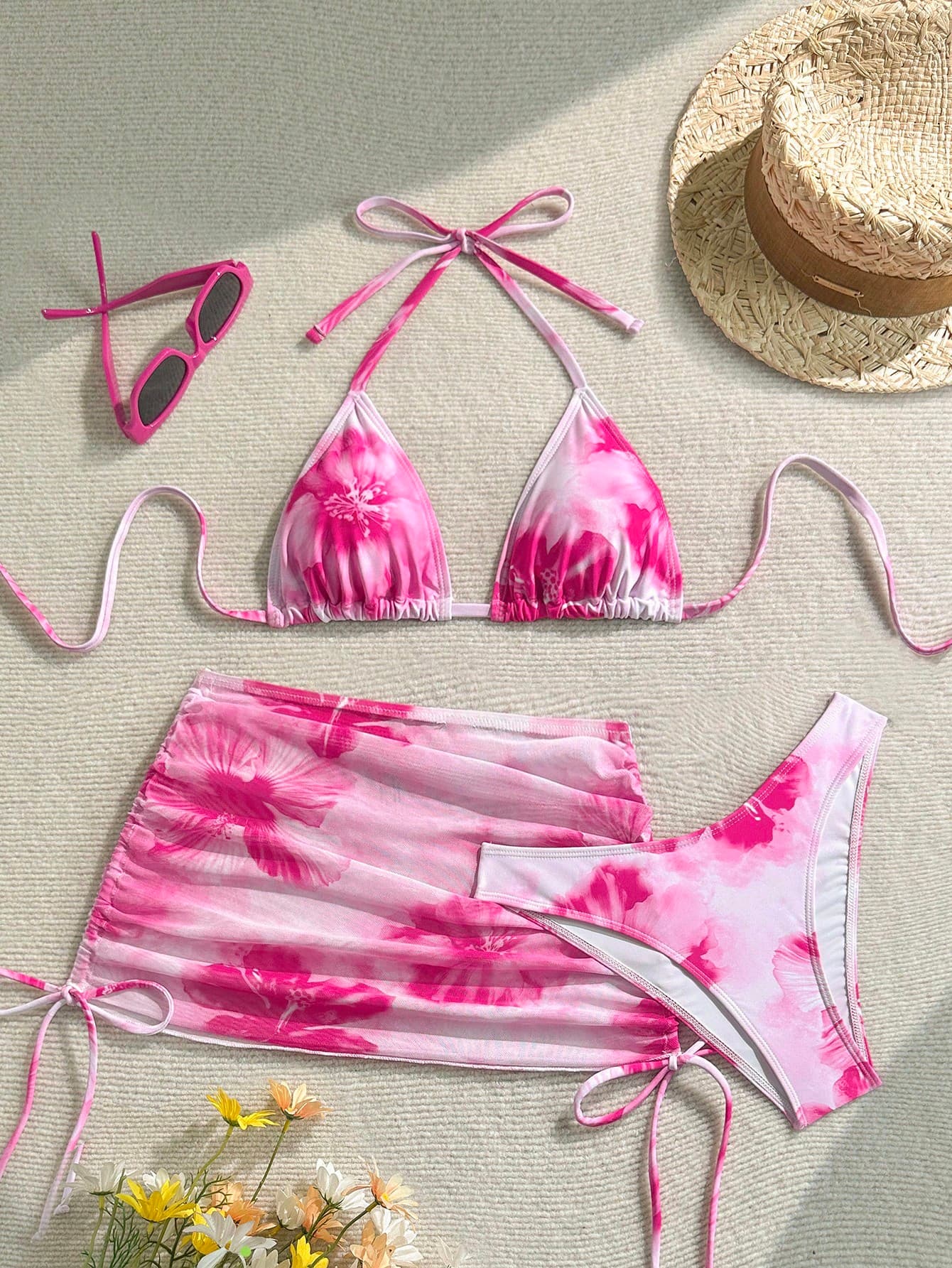 Soleia Women's Large Floral Print Vacation Beach Halter Tie Side Bikini Set With Matching Cover Up Skirt And Three Piece Swimsuit Sets For Women Dye