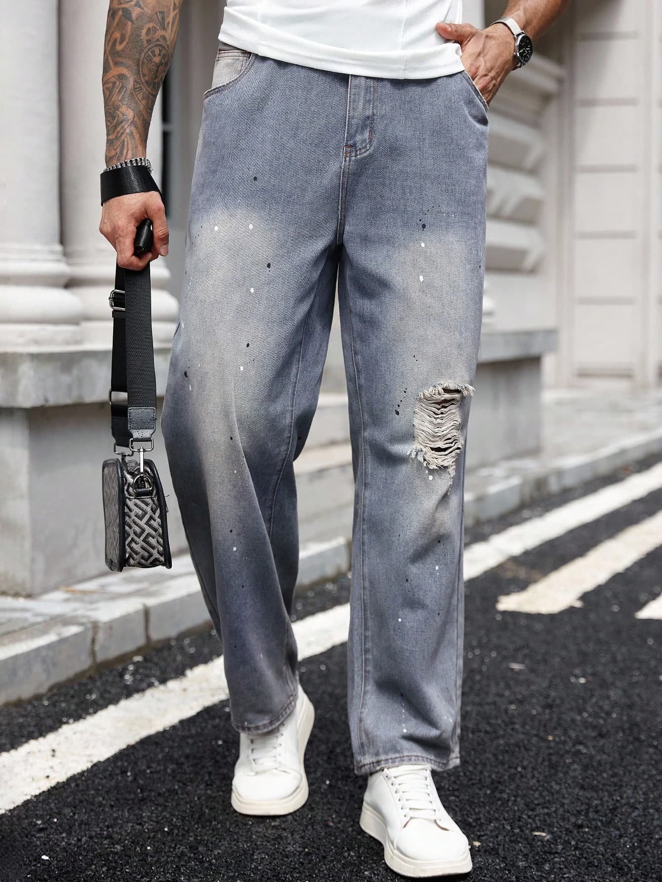 Manfinity Homme Distressed Vintage Washed Slim Fit Stretchy Punk Chic Jeans