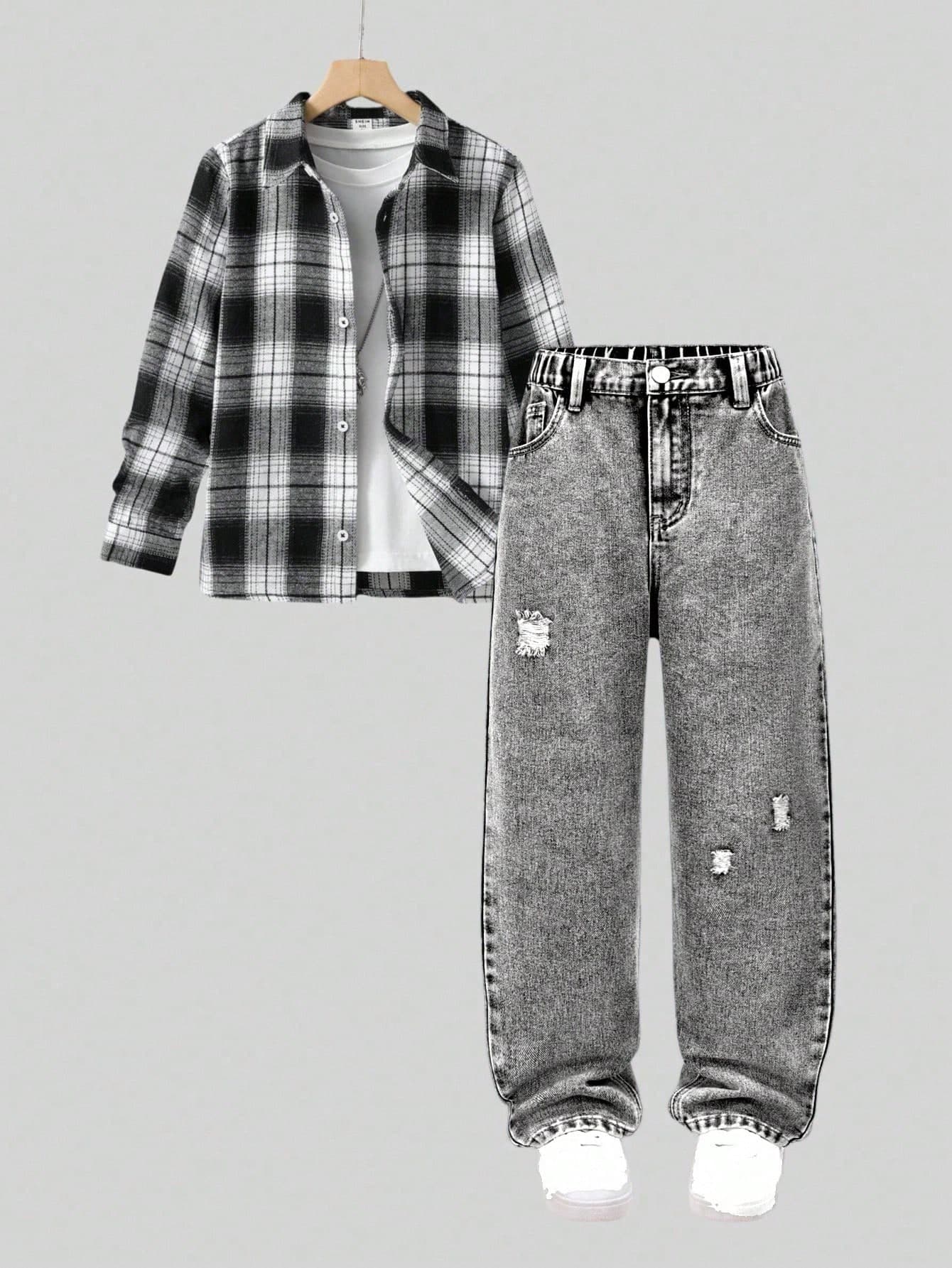 SHEIN Explorewe Tween Boy Light Grey Ripped Jeans,Distressed Straight Leg Denim Pants For Back-To-School,Autumn Streetwear School Casual Chic Fashionable Clothes