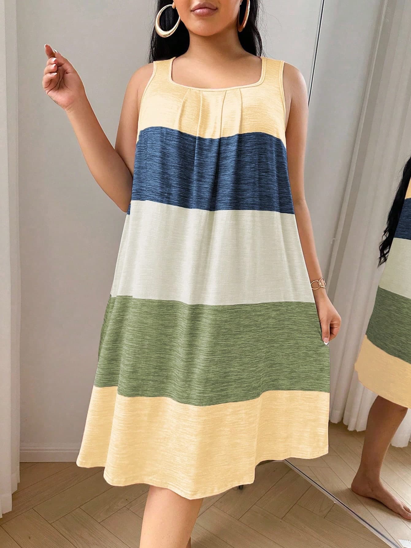 SHEIN Colorful Striped Print Plus Size Casual Nightgown, Moo Moo