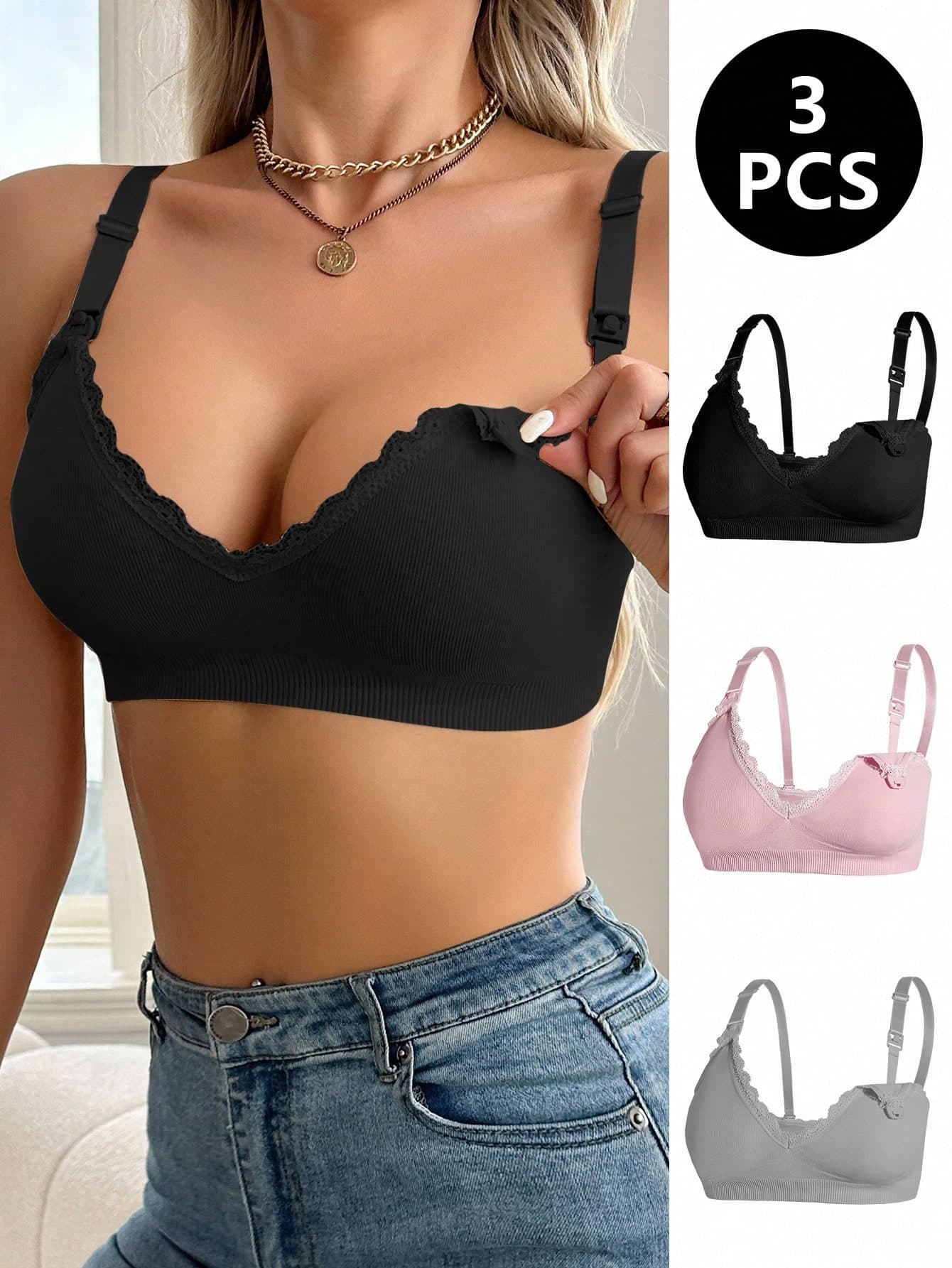 Moonlight&Mama 3pcs/Set Maternity Seam-Free Lace Patchwork Shell Trim Bras Lace Bras Maternity Bras Bras For Women Bralettes For Women Nursing Bras