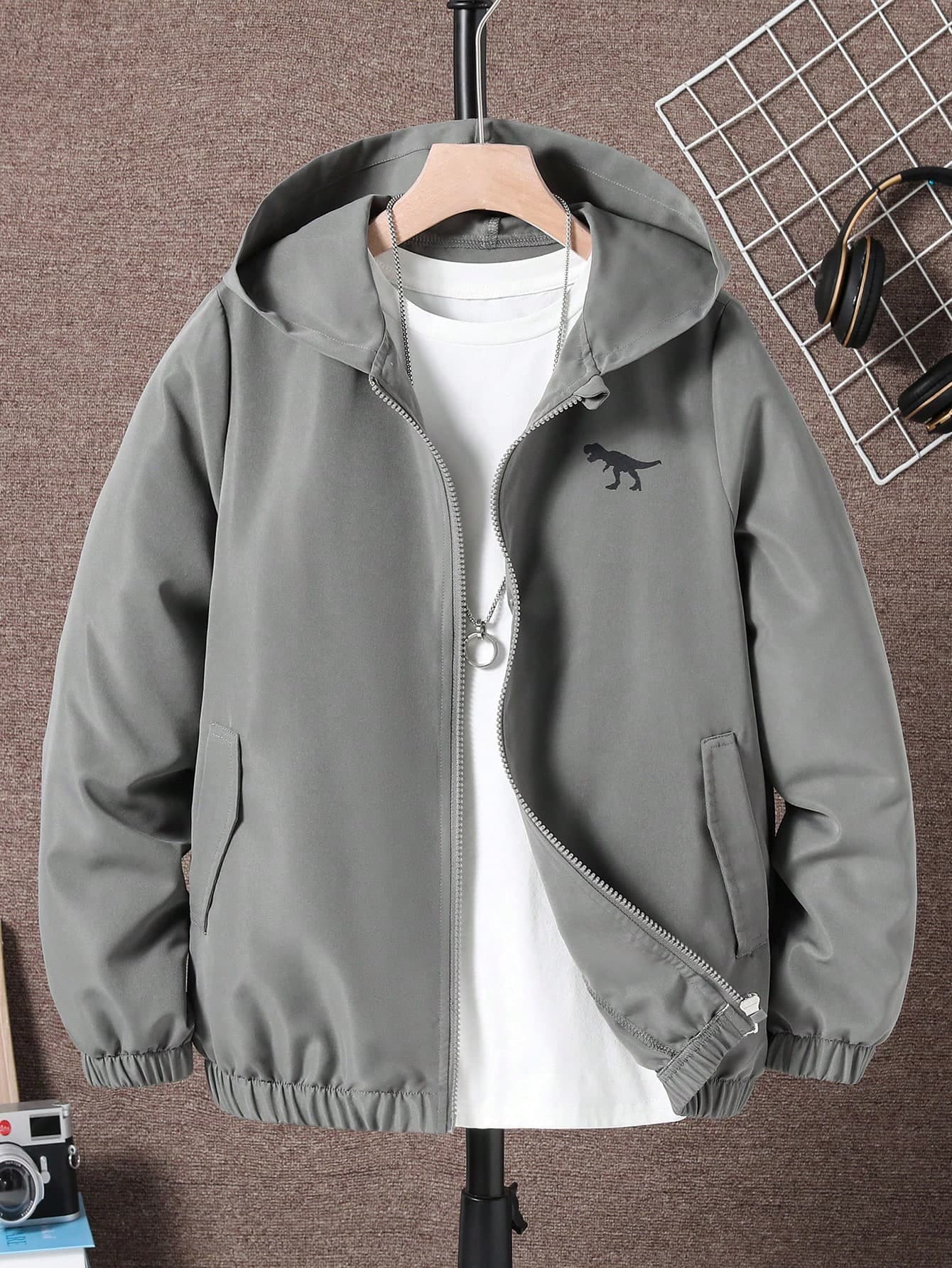 SHEIN Tween Boy Casual Street Everyday Dinosaur Print Zip-Up Hooded Jacket, School, Campus, College Chic For Autumn/Winter Fall