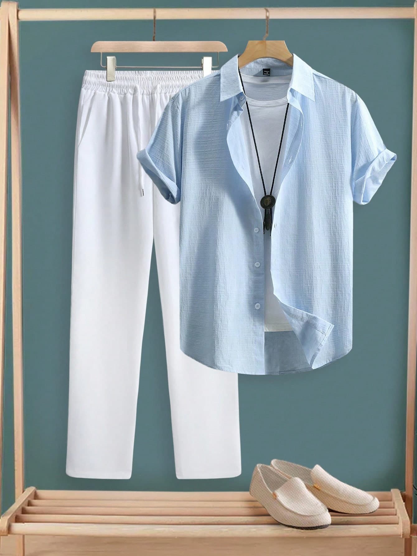 Manfinity Homme Men's Light Blue And White Summer Casual Short Sleeve Shirt And Pants Set,Geometric Texture,Old Money Style For Vacation,Holiday And Hawaiian Seaside