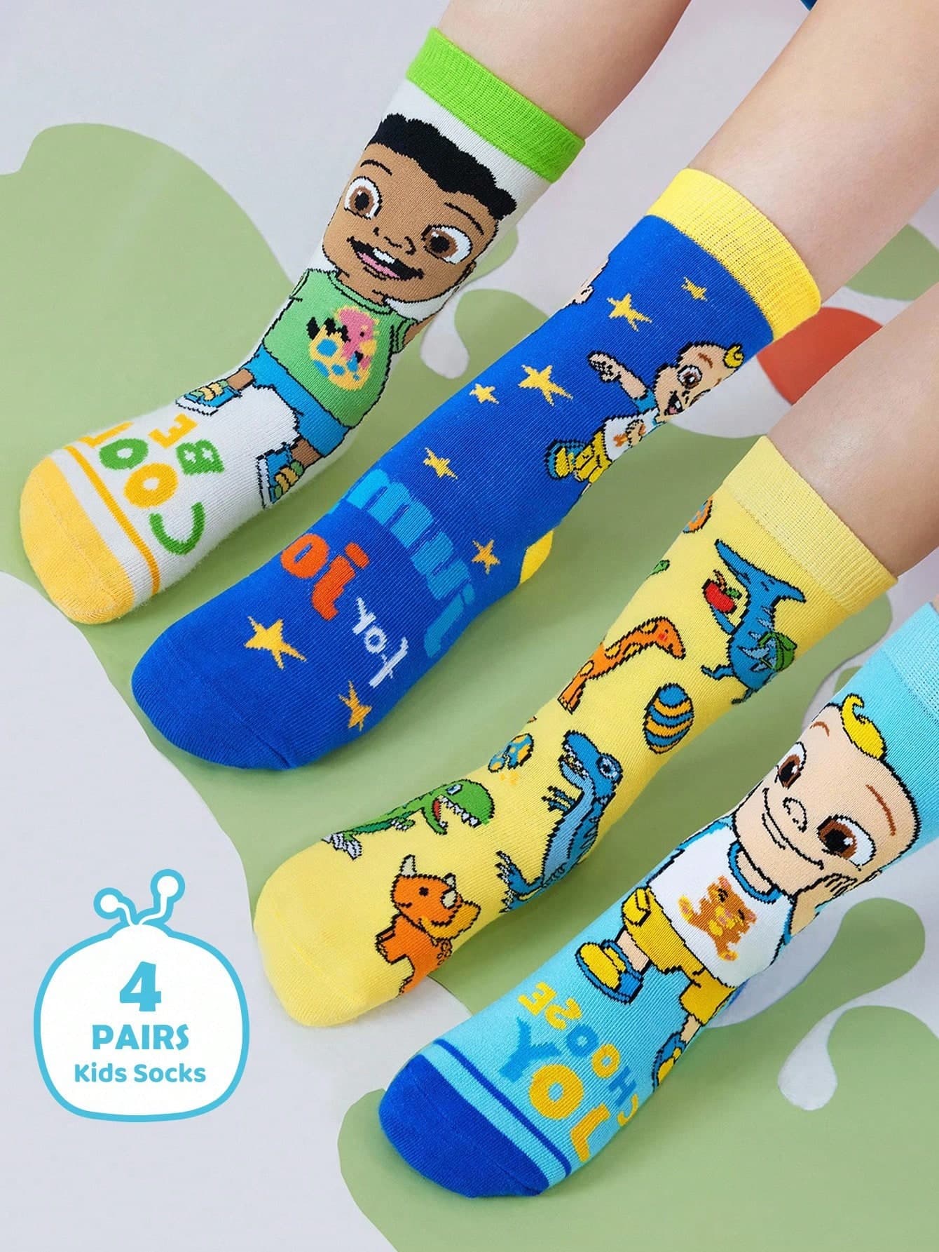 CoComelon X SHEIN 4 Pairs Cotton Soft & Breathable Moisture-Wicking Kids Mid-Calf Socks Colorful Cute Cartoon Dinosaurs Pattern Boys Crew Socks Reinforced Toe & Heel For Durability All Seasons All-Match School & Outdoor