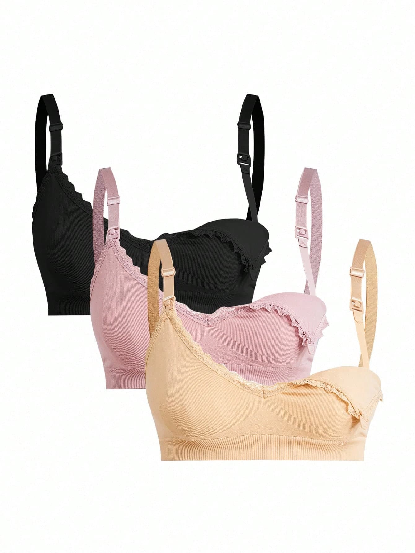 Moonlight&Mama 3pcs/Set Seamless Maternity Solid Color Contrast Lace Nursing Bras Front Closure Bras Maternity Bra Breastfeeding Bra Bras Pack Wide Strap Bra