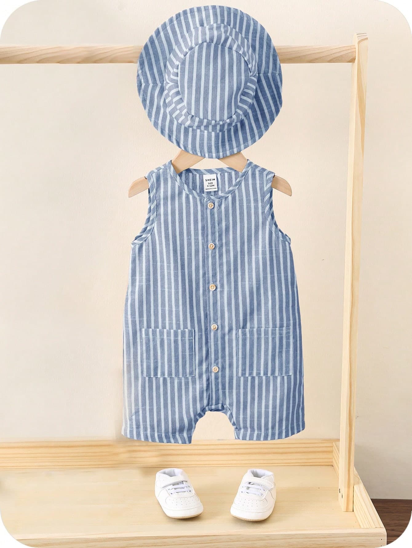 SHEIN 2pcs/Set Baby Boy/Girl Summer Colorful Striped Sleeveless Romper And Shorts With Bucket Hat, Casual Versatile Outfit For Travel & Vacation