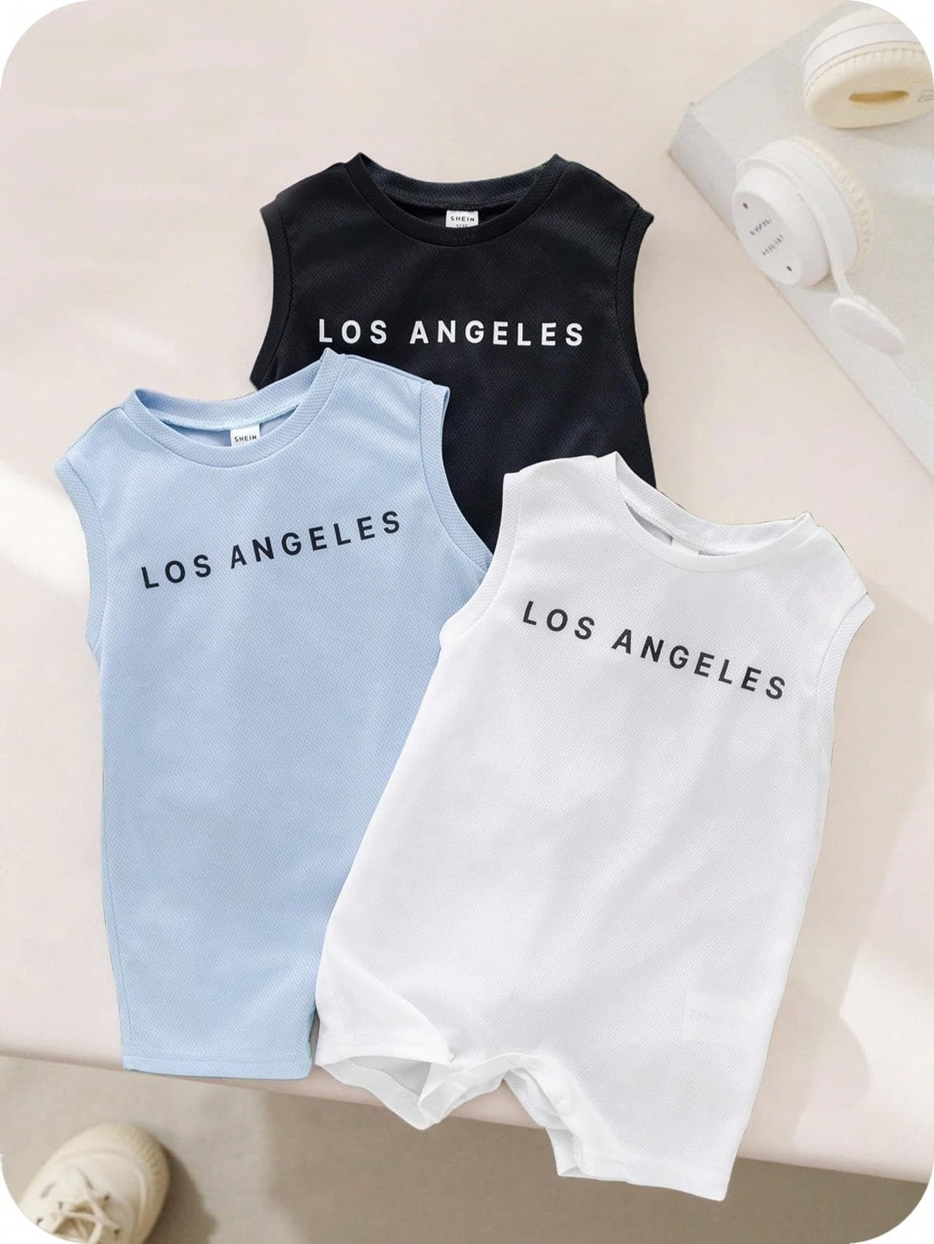 SHEIN 3pcs Newborn Baby Boy Cute Casual Sports Letter Print Knitted Sleeveless Romper Basic Shorts Set, Summer
