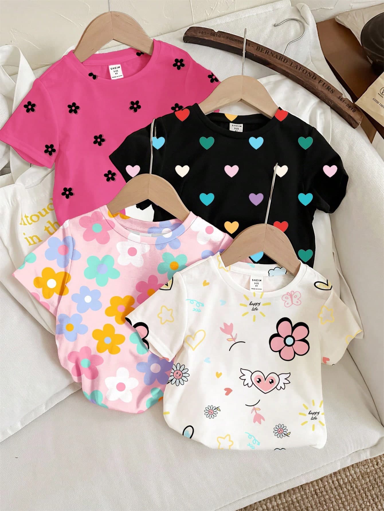 SHEIN Happikins 4pcs/Set Young Girl Casual Basic Round Neck Short Sleeve T-Shirts, Suitable For Spring & Summer, School, Campus, College