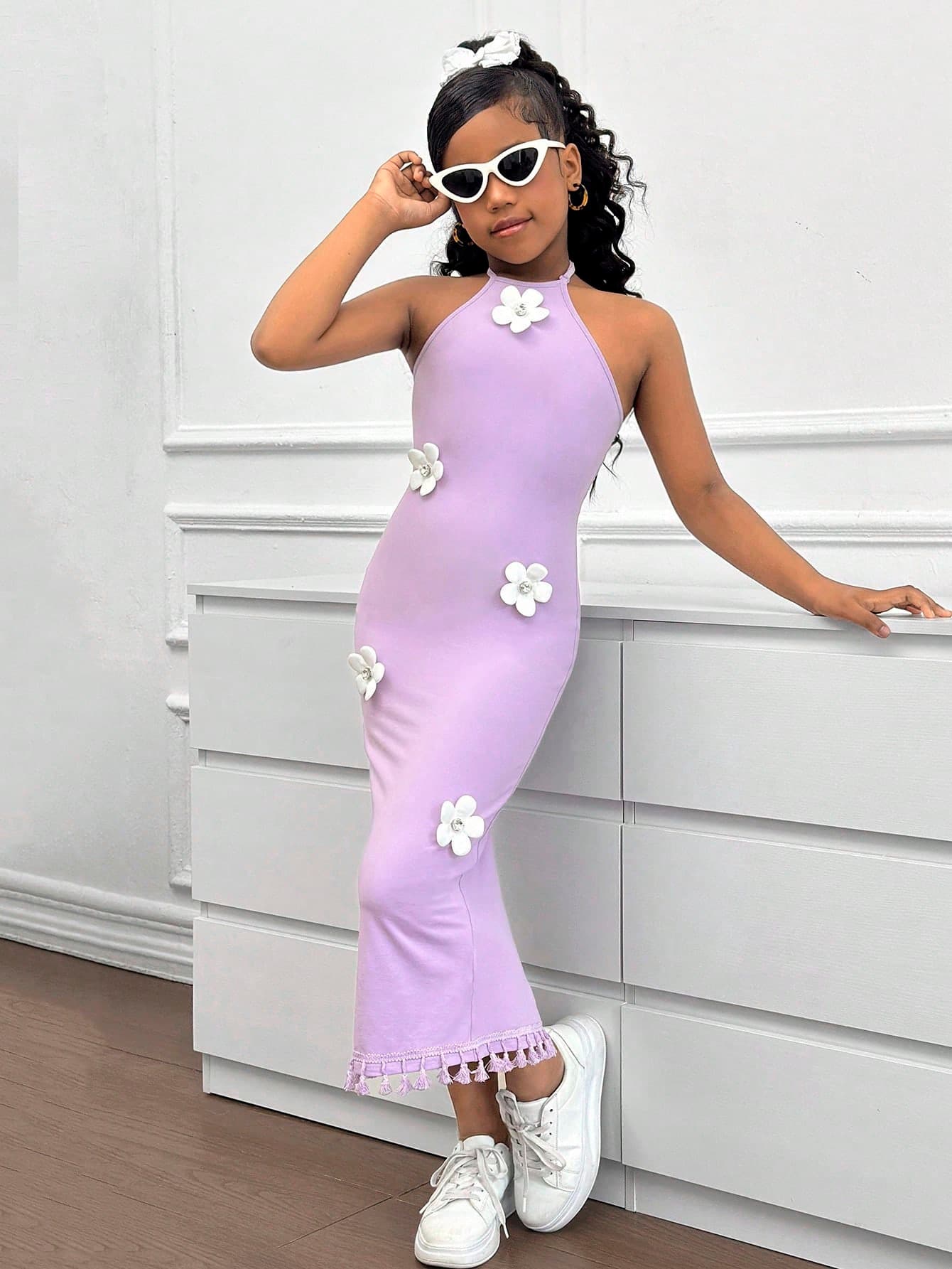 SHEIN Tween Girl Elegant Floral Print Halter Neck Snug Fit Vacation Dress