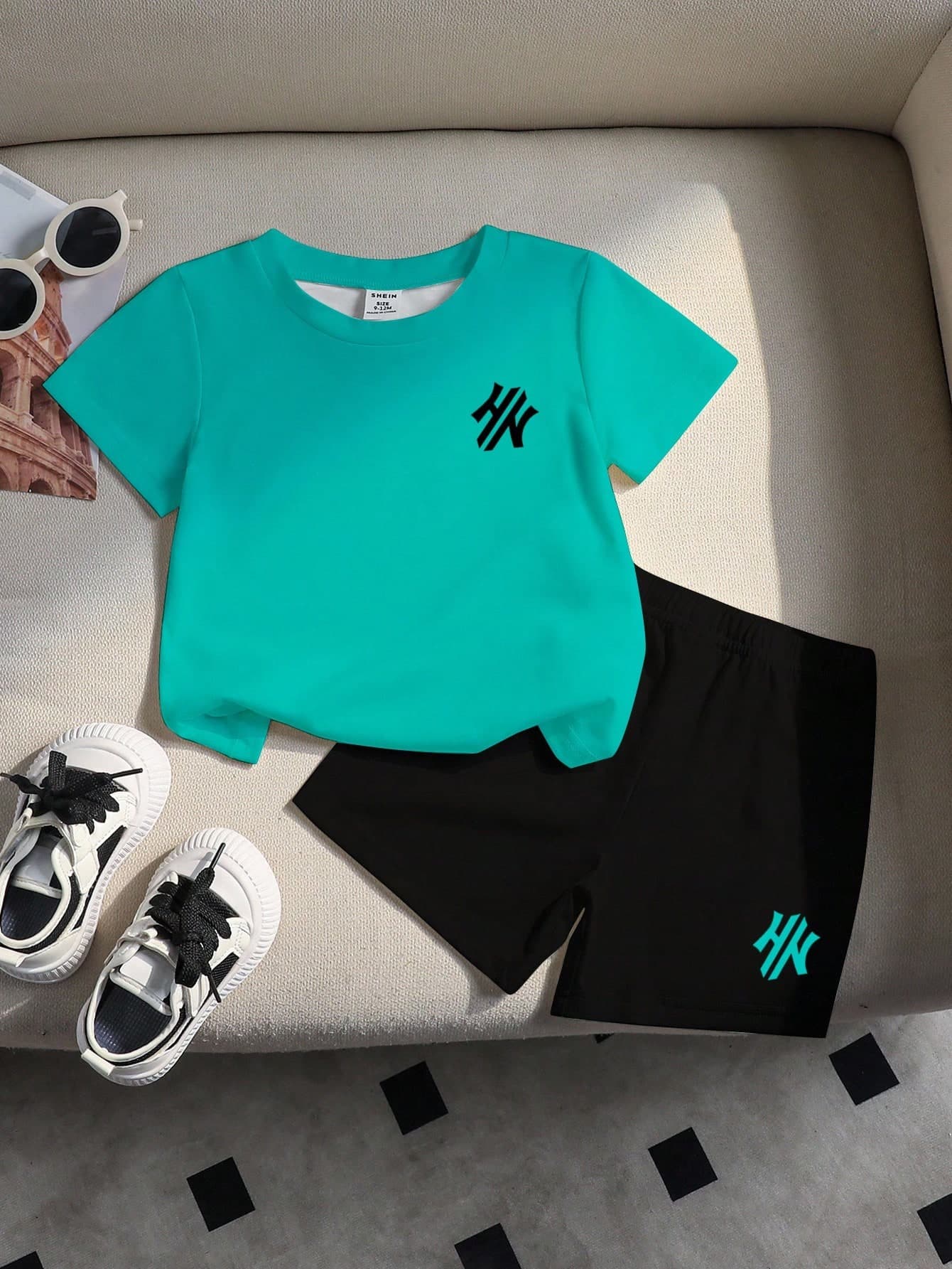 SHEIN 2pcs Baby Boys' HN Letter Print Round Neck Short Sleeve Blue T-Shirt And Black Loose Shorts Casual Basic Set,  2y Summer Set