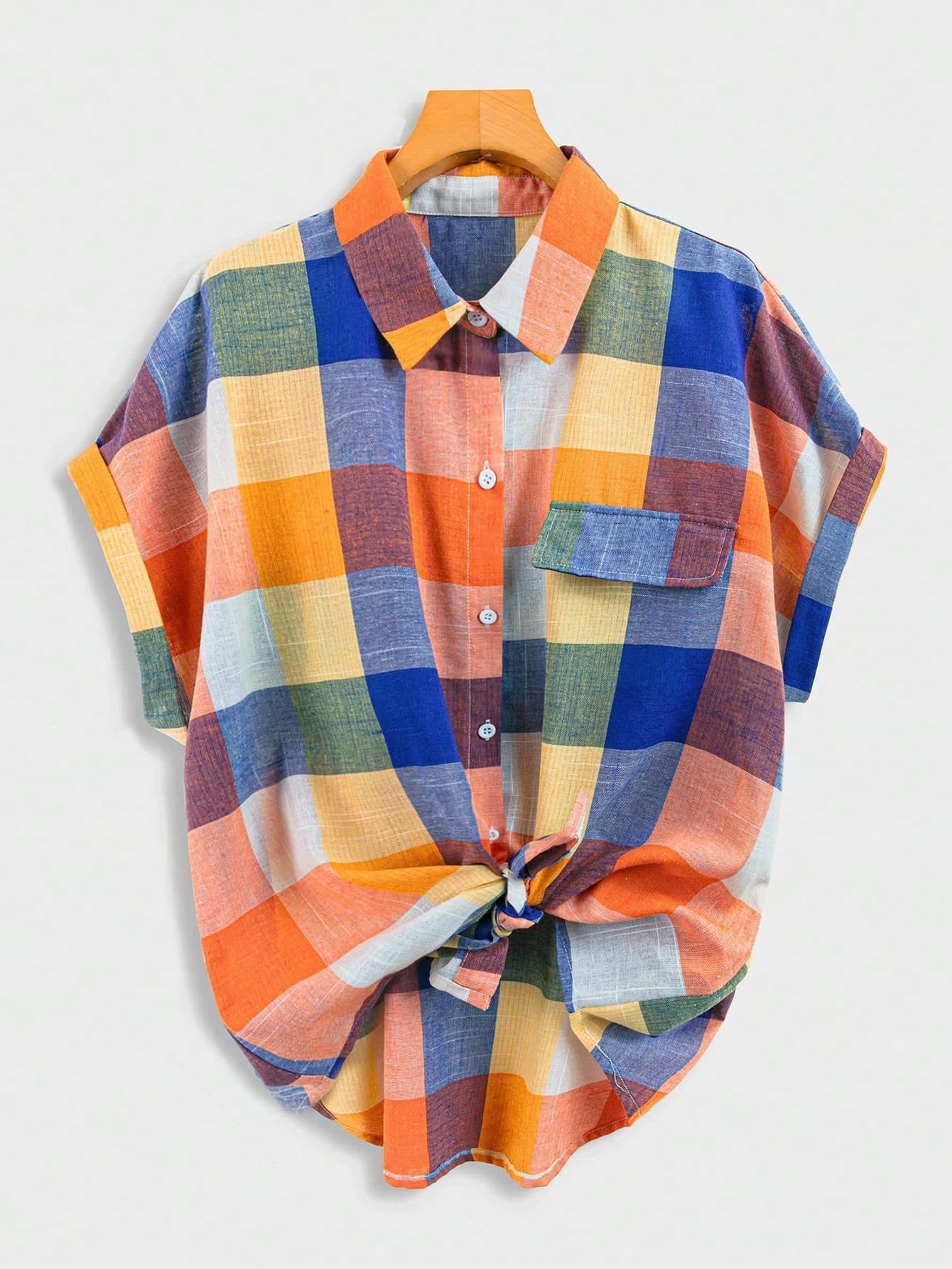 SHEIN LUNE Plus Size Women Casual & Comfortable Checkered Color Block Shirt, Versatile Country Concert Graduation Summer For Brunch Mother's Day Church Top