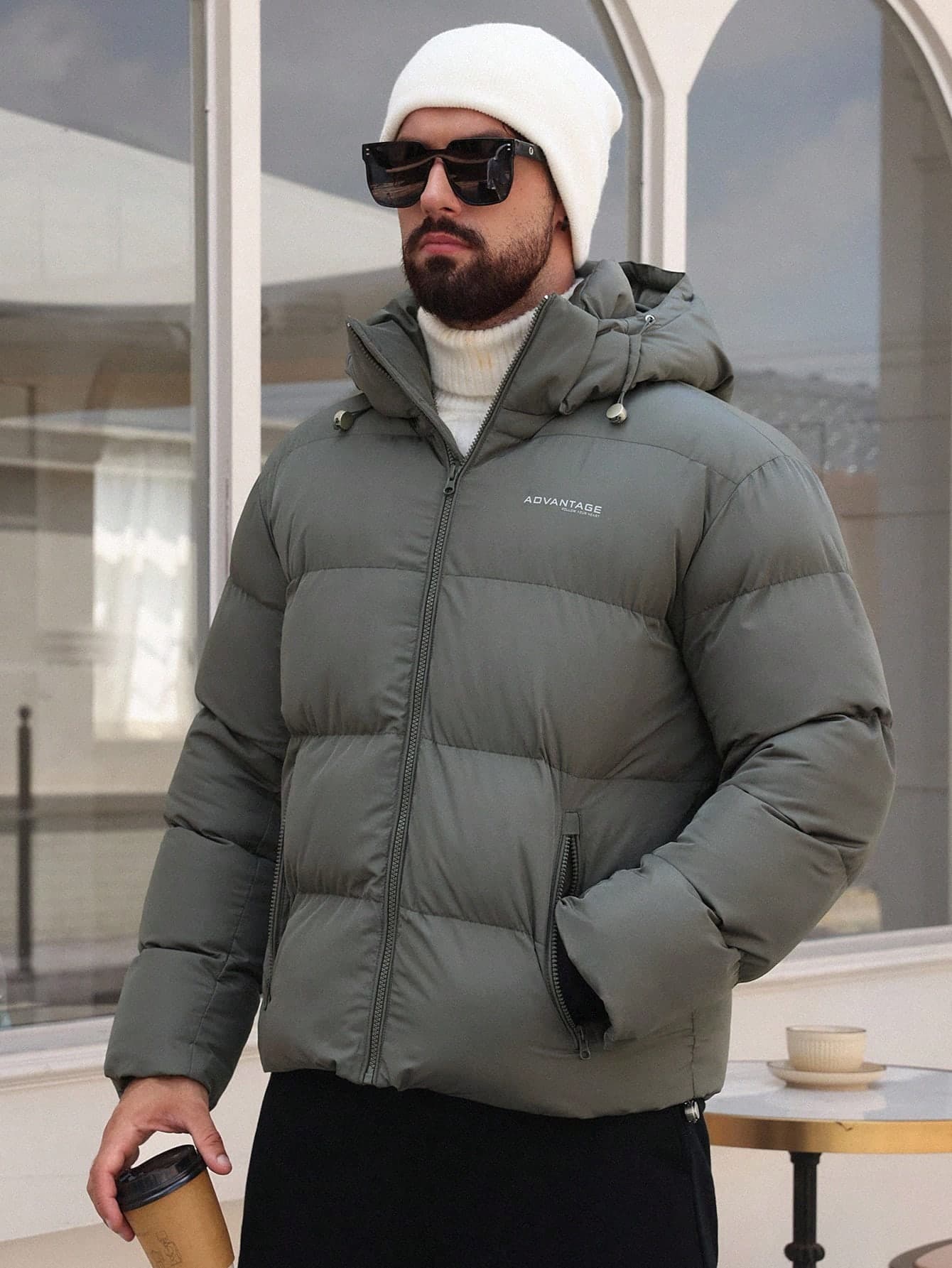 DAZY Men's Thick Padded Coat With Letter Print, Hooded, Drawstring, Warm For Winter, Deep Grey Jacket
