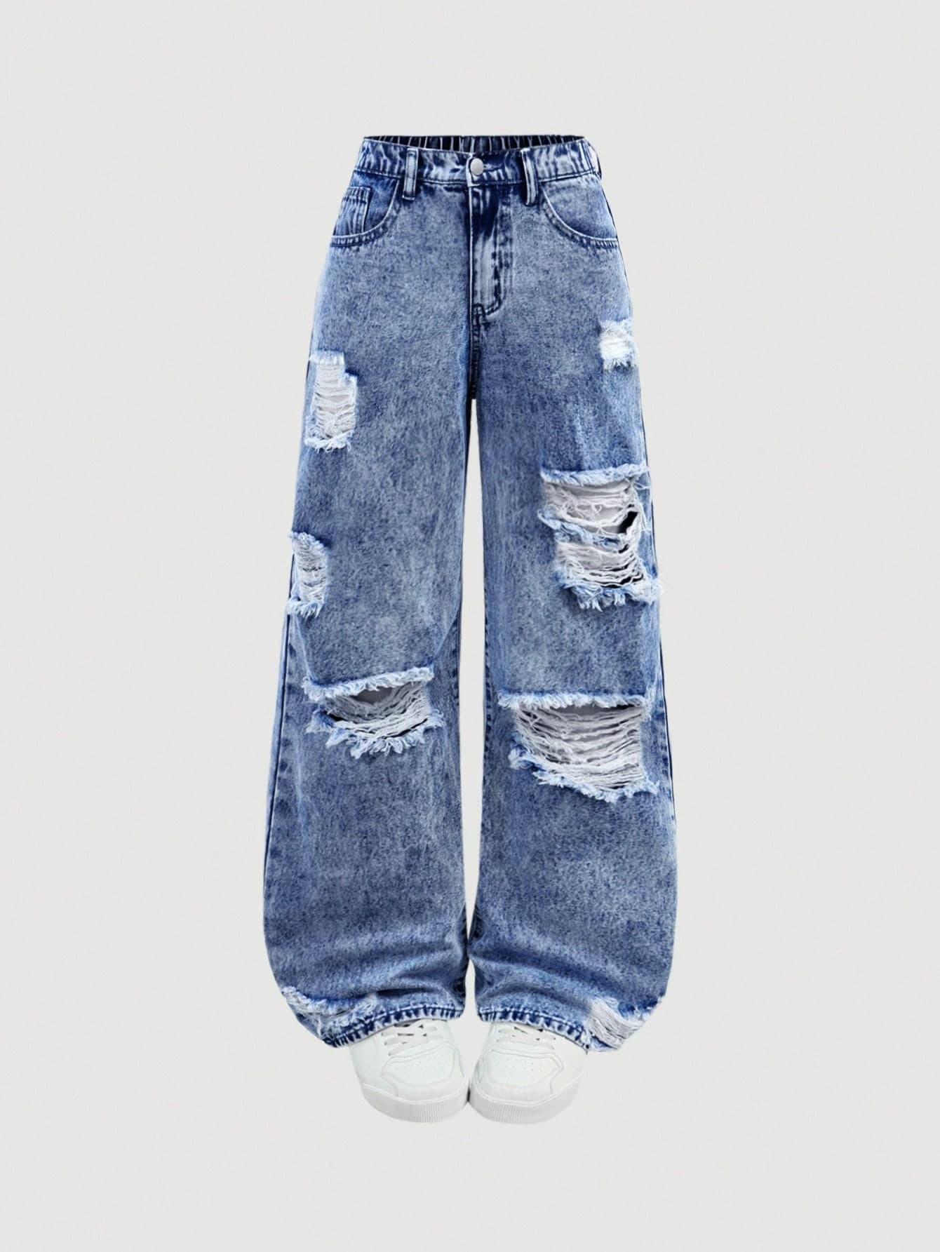 SHEIN Girlism Teen Girl Blue Distressed Loose Straight Leg Jeans, Baggy Ripped Jeans, Girls Baggy Jeans, Grunge Baggy Jeans Fall Winter