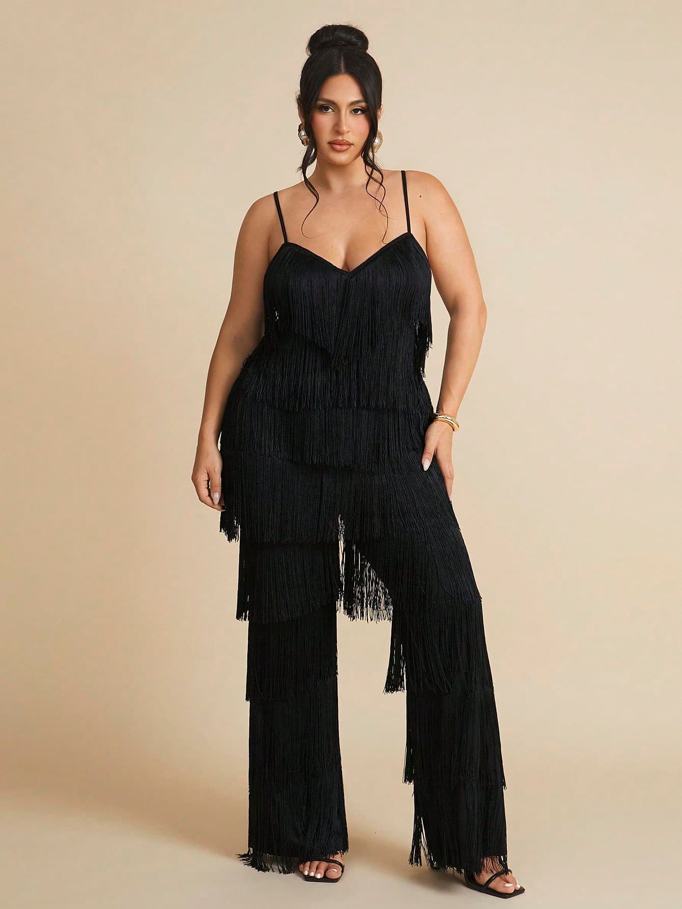 SHEIN BAE Plus Size Women Black Autumn Girlism Night Out Club Fringe Spaghetti Strap Vest Top & Flared Pants Set,Elegant Tassel Party Outfit,Festival Jumpsuit