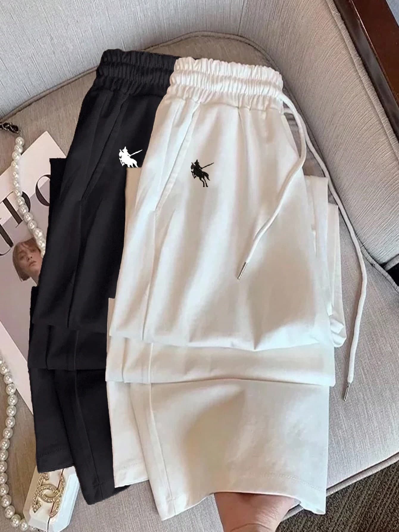 INAWLY New Casual Slouchy Horse Embroidery Versatile Black & White Straight Leg Pants For Plus Size Women Fall
